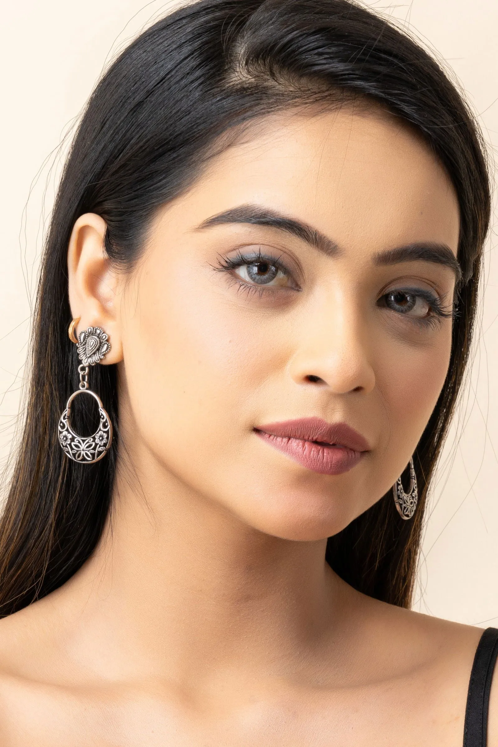 Elegant German Silver Chandbali Drop Stud Earrings with Intricate Design and Lightweight