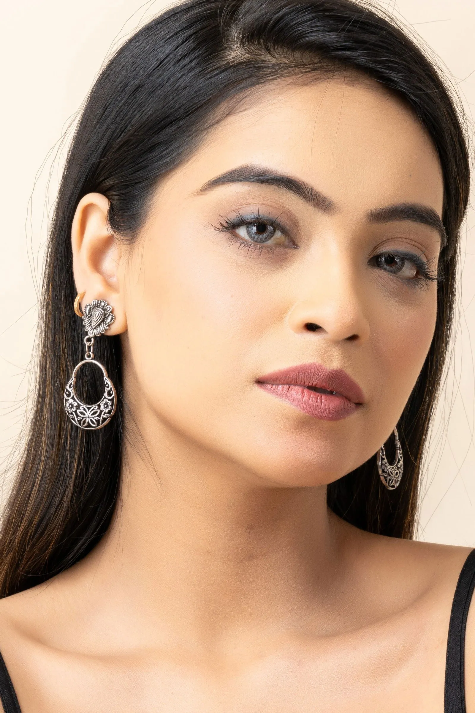 Elegant German Silver Chandbali Drop Stud Earrings with Intricate Design and Lightweight