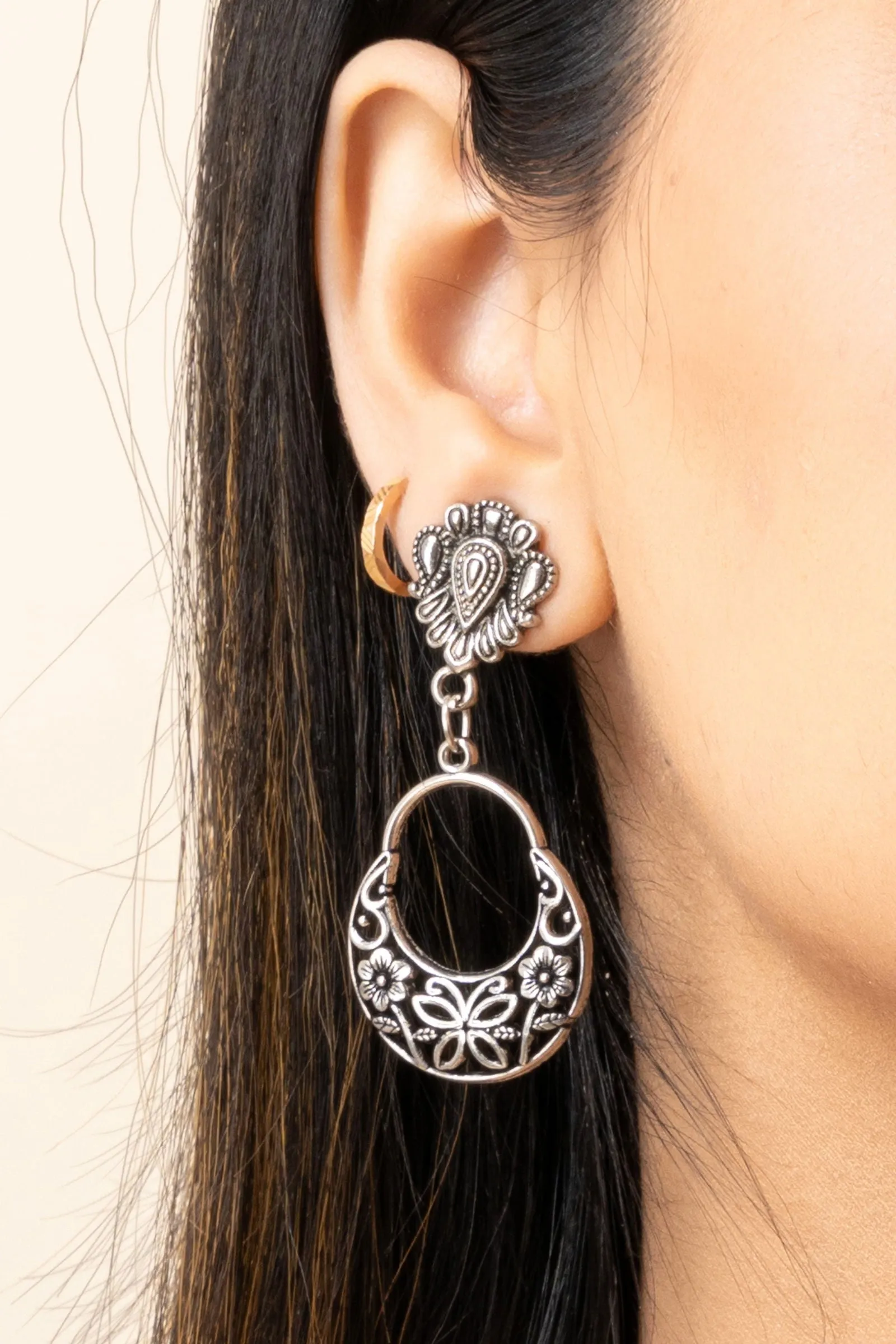 Elegant German Silver Chandbali Drop Stud Earrings with Intricate Design and Lightweight