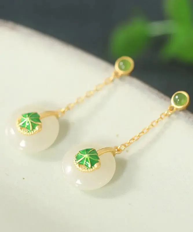 Elegant Green Sterling Silver Overgild Jade Lotus Drop Earrings LY8541