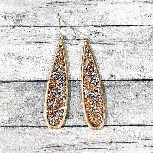 Elongated Peachstone & Silver Crystal Gold Drop Earrings