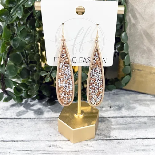 Elongated Peachstone & Silver Crystal Gold Drop Earrings