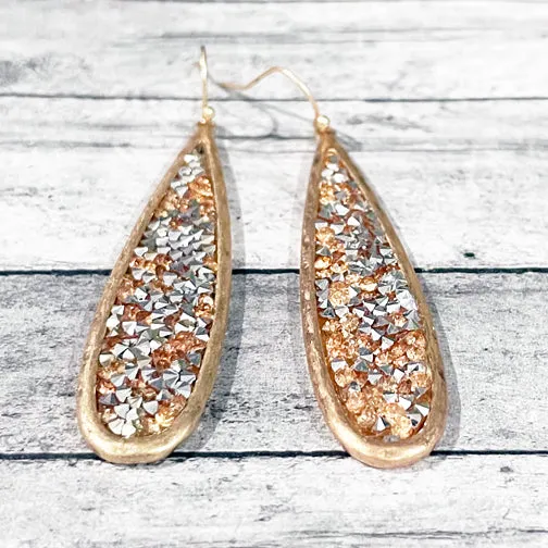 Elongated Peachstone & Silver Crystal Gold Drop Earrings