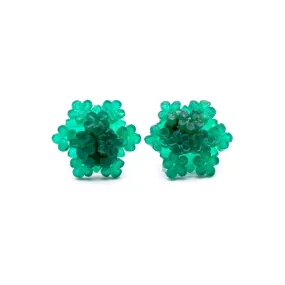 Emerald Jade Green Carved Resin Floral Cluster Stud Earrings