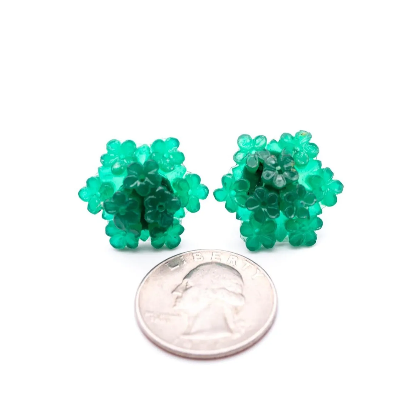 Emerald Jade Green Carved Resin Floral Cluster Stud Earrings