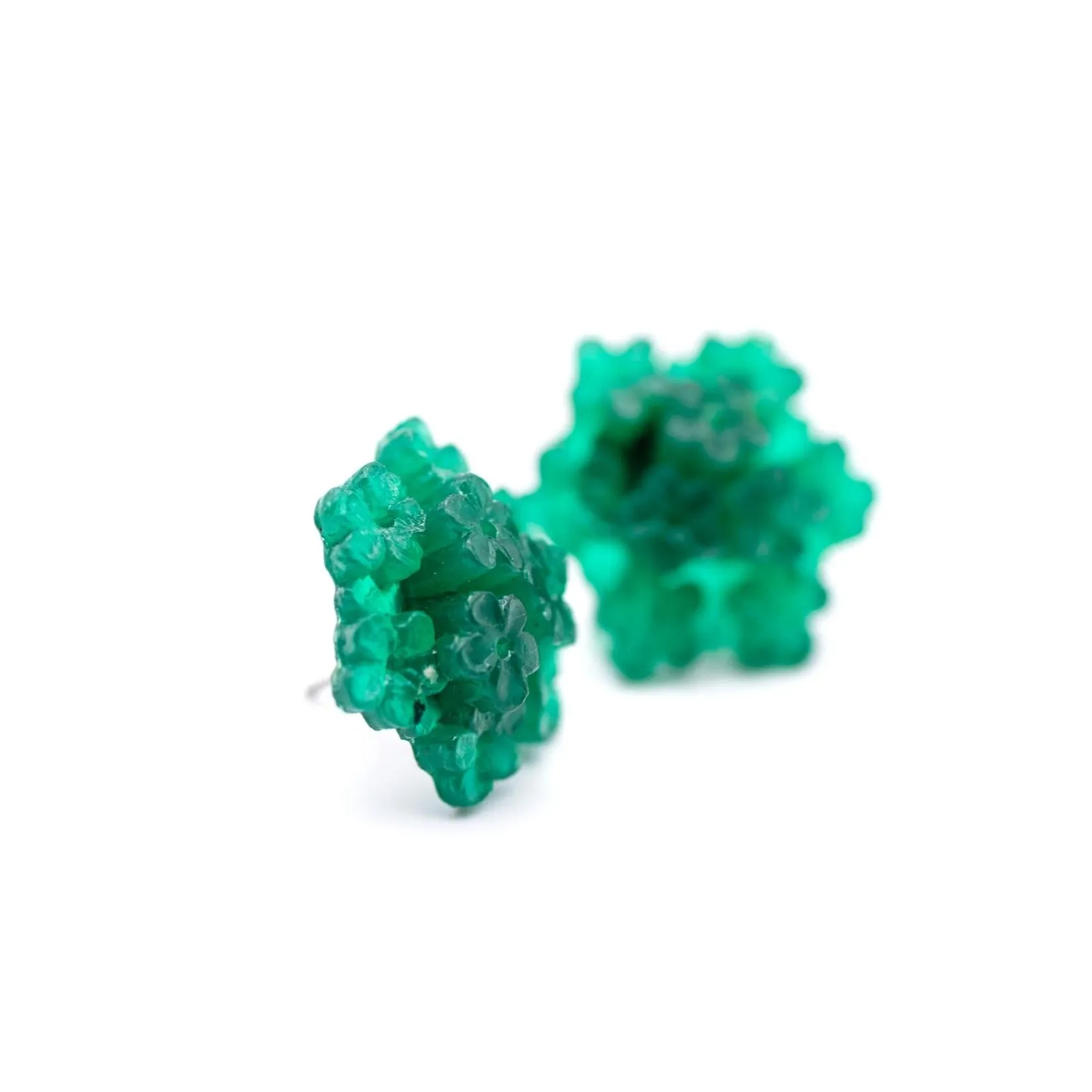 Emerald Jade Green Carved Resin Floral Cluster Stud Earrings