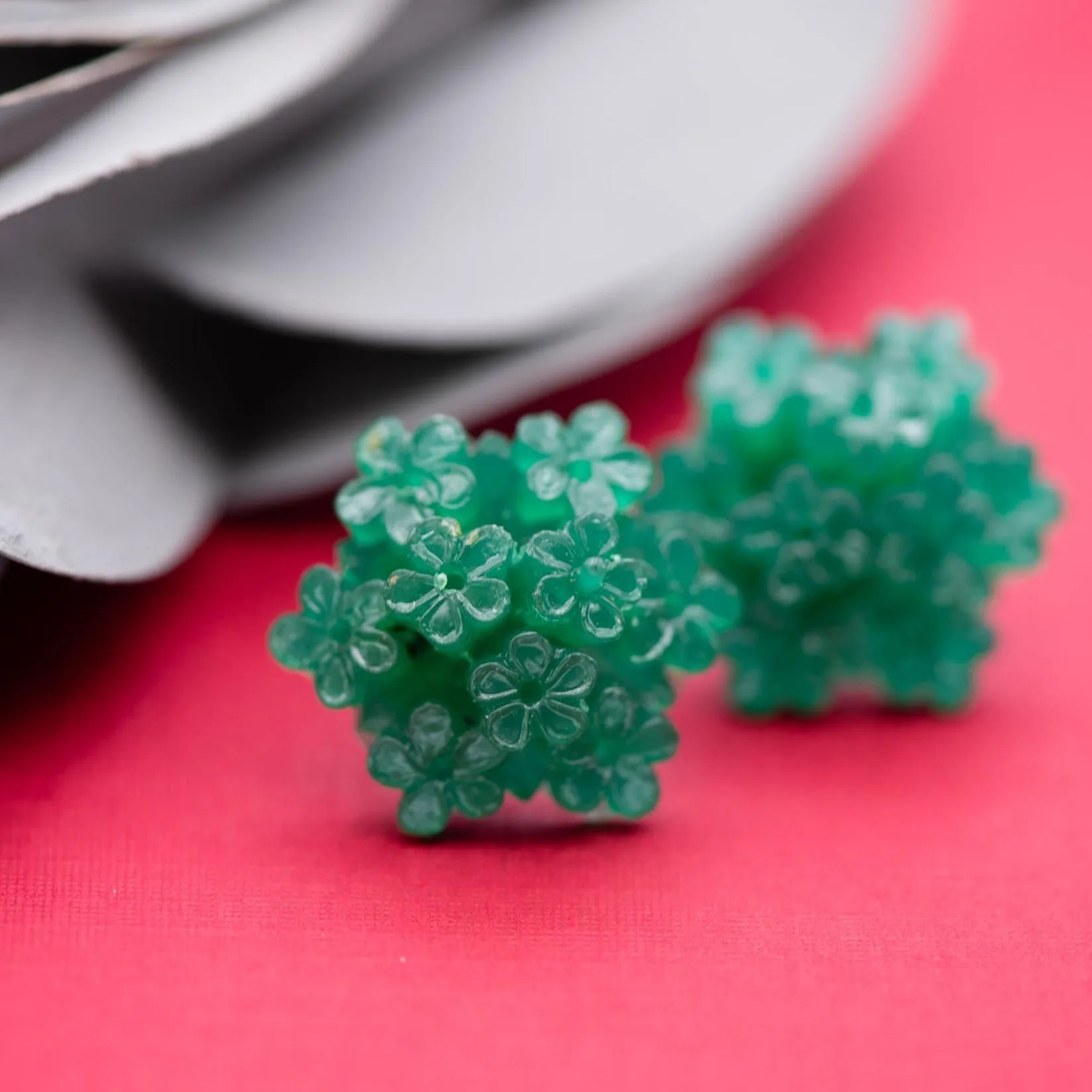 Emerald Jade Green Carved Resin Floral Cluster Stud Earrings