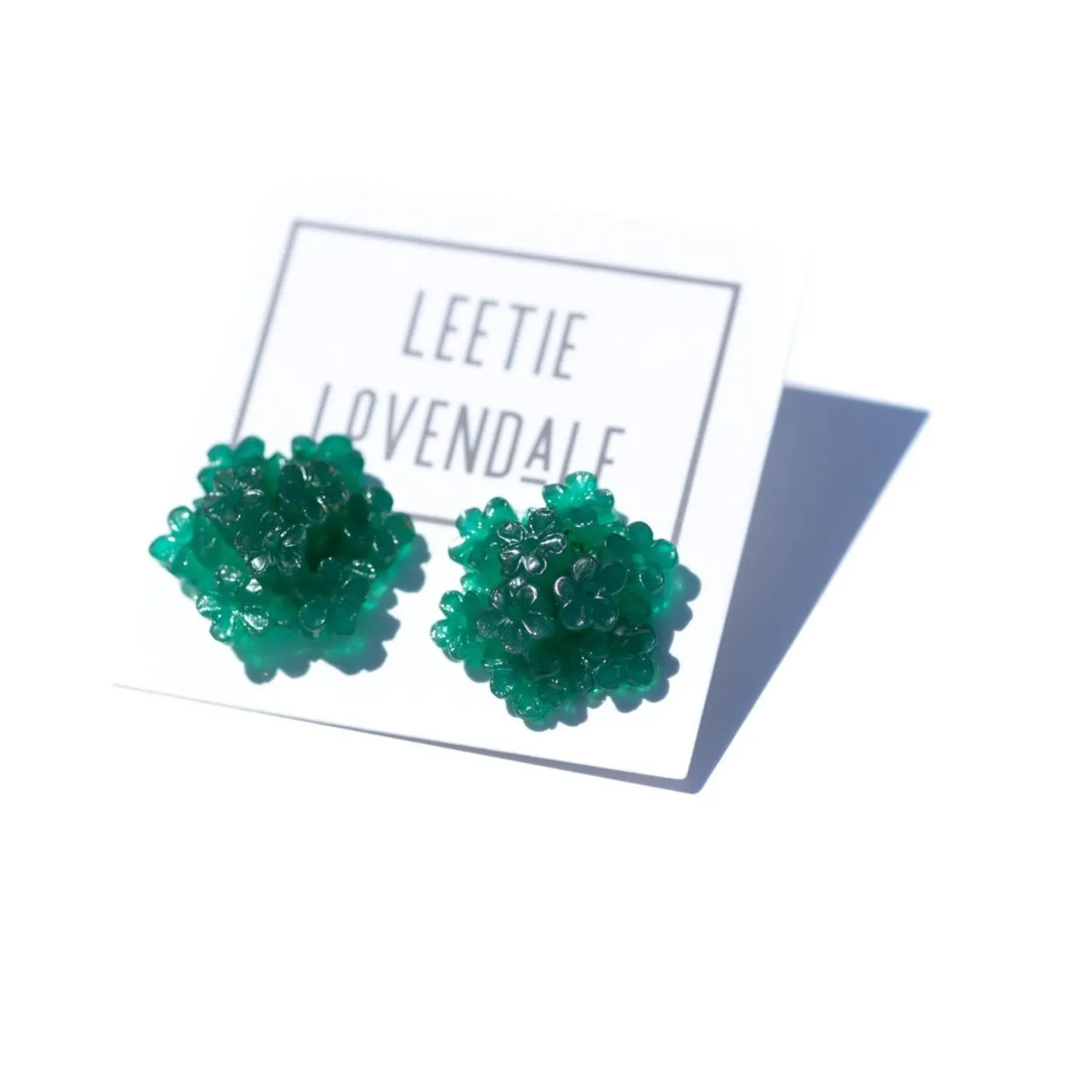 Emerald Jade Green Carved Resin Floral Cluster Stud Earrings