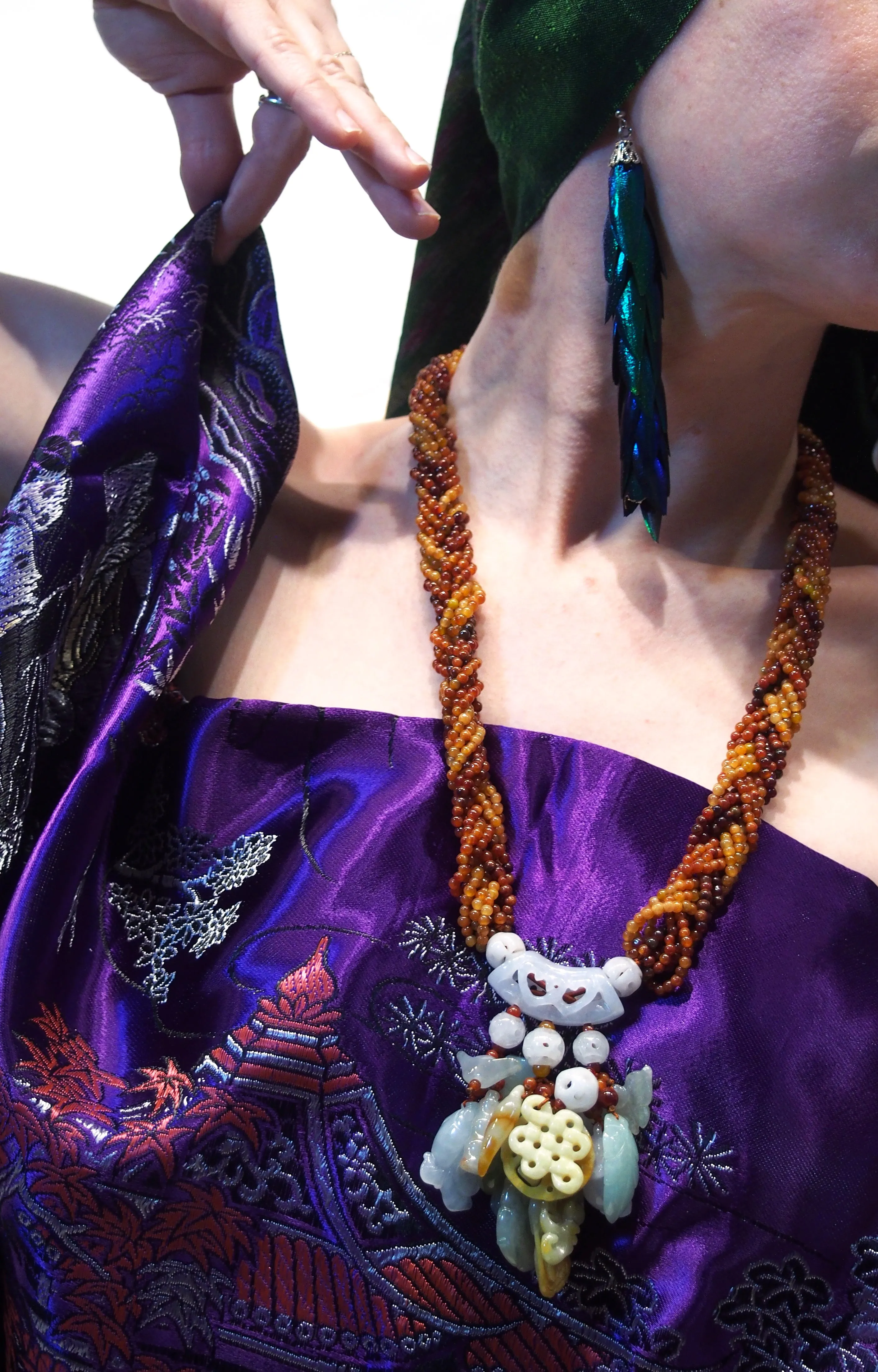 Ensemble 3: Chinese Wall Hanging and Indonesian Sarong with Peacock Feather Earrings and Jade Necklace - Each Item Sold Separately