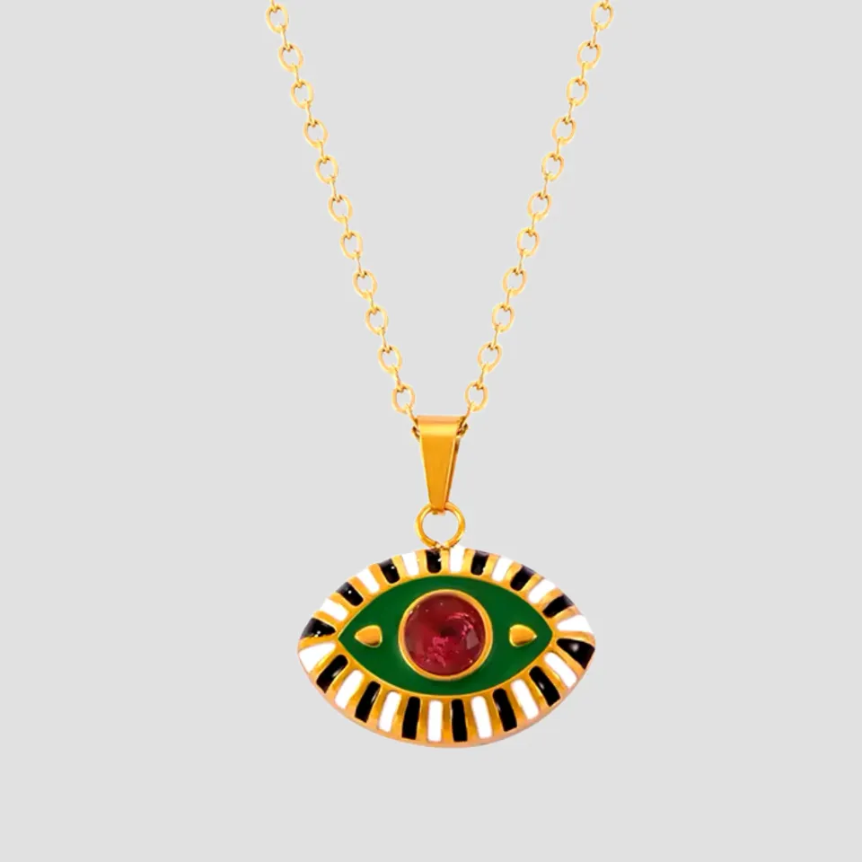 Evil Eye Ruby Gemstone Pendant Necklace - Pine Green