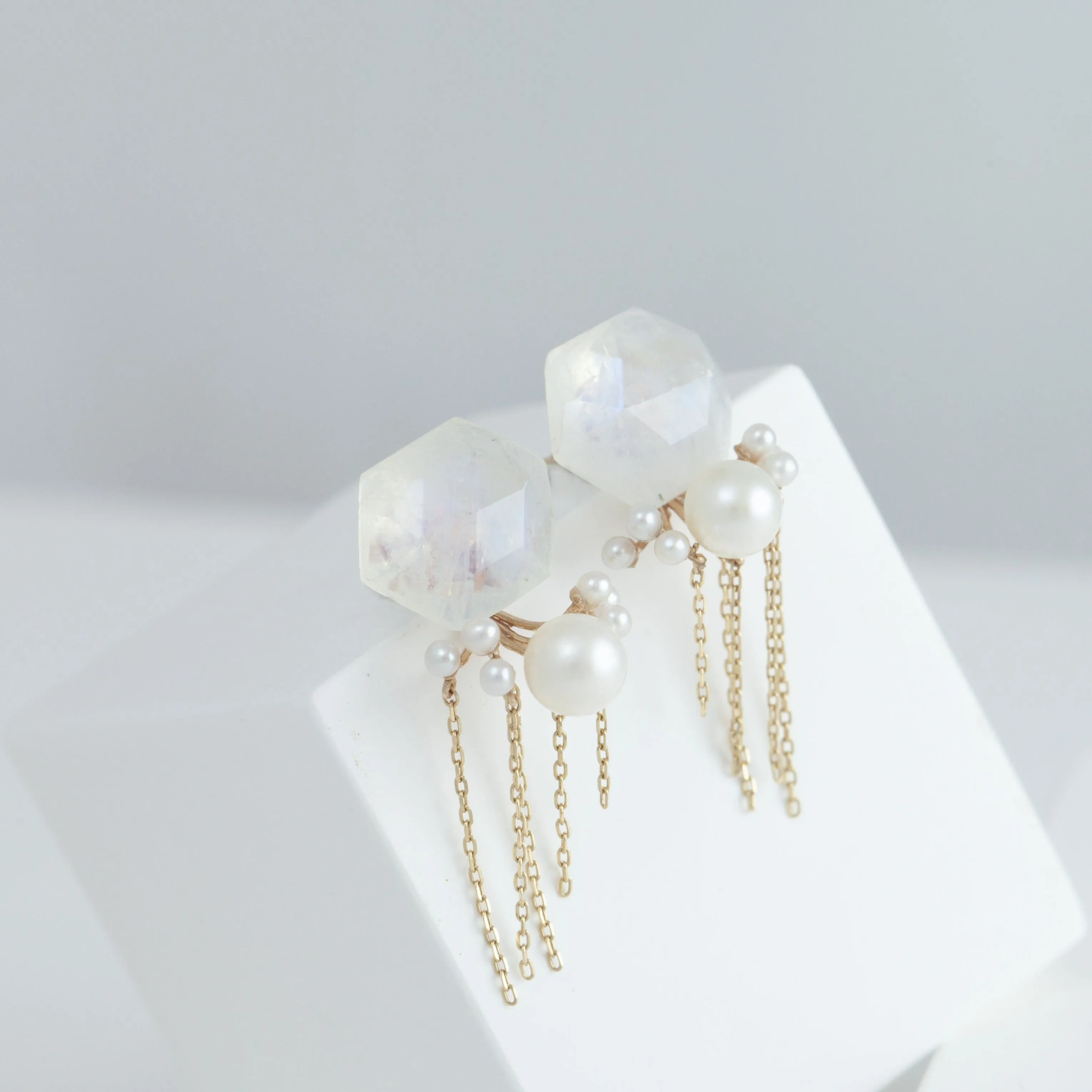 Fairy moonstone and pearl earrings with chains