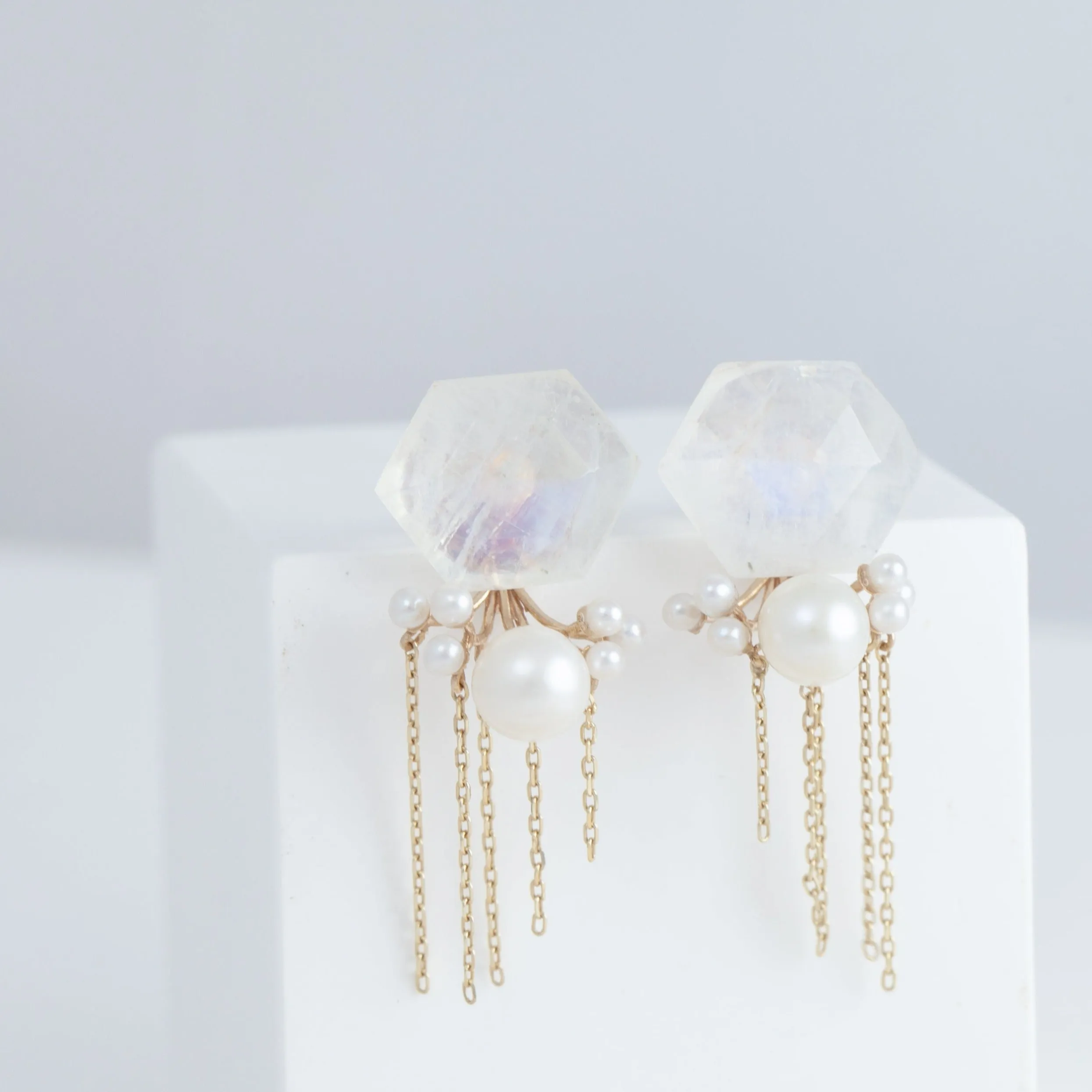 Fairy moonstone and pearl earrings with chains