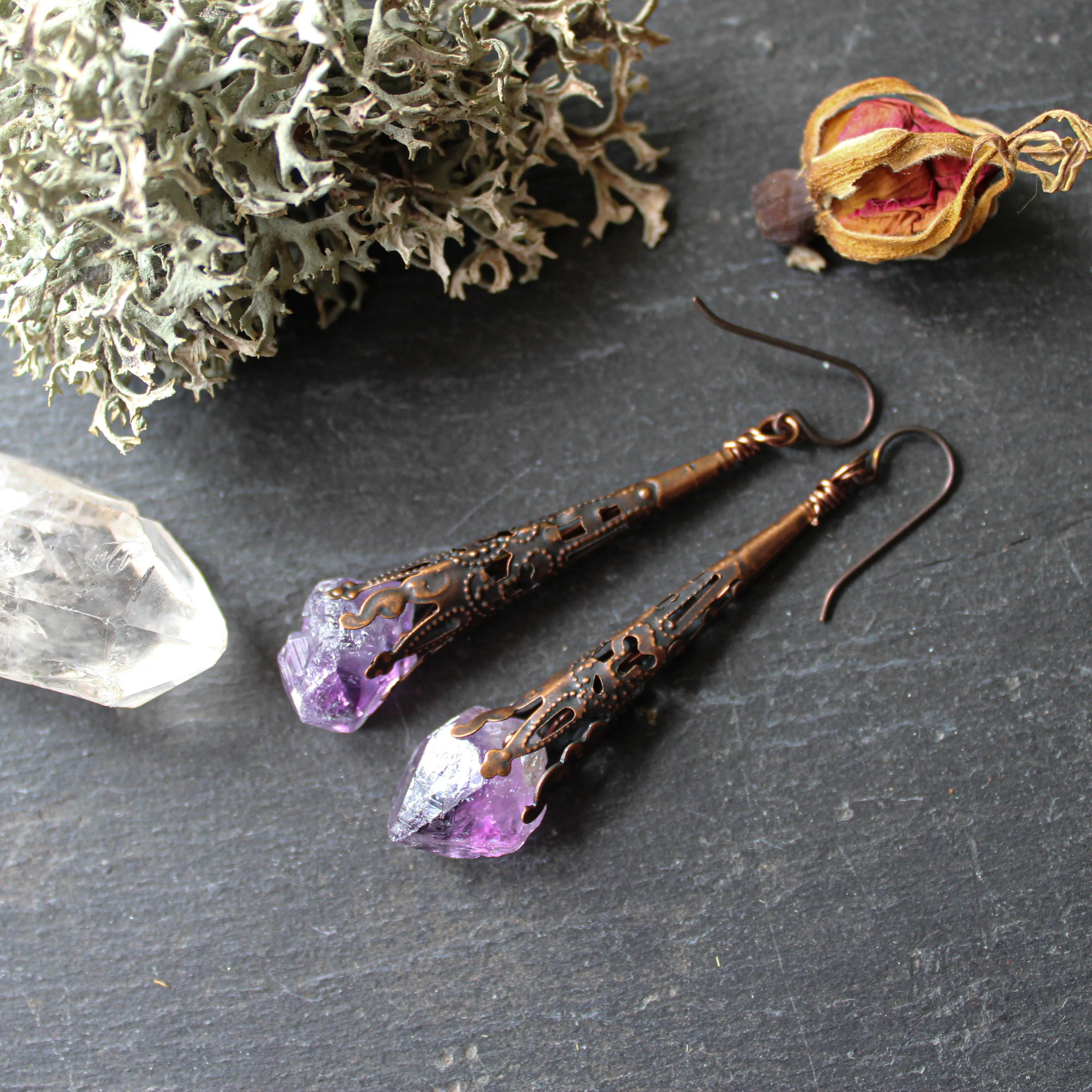 Fairy Sceptres. Long, Rustic, Amethyst Filigree Earrings.