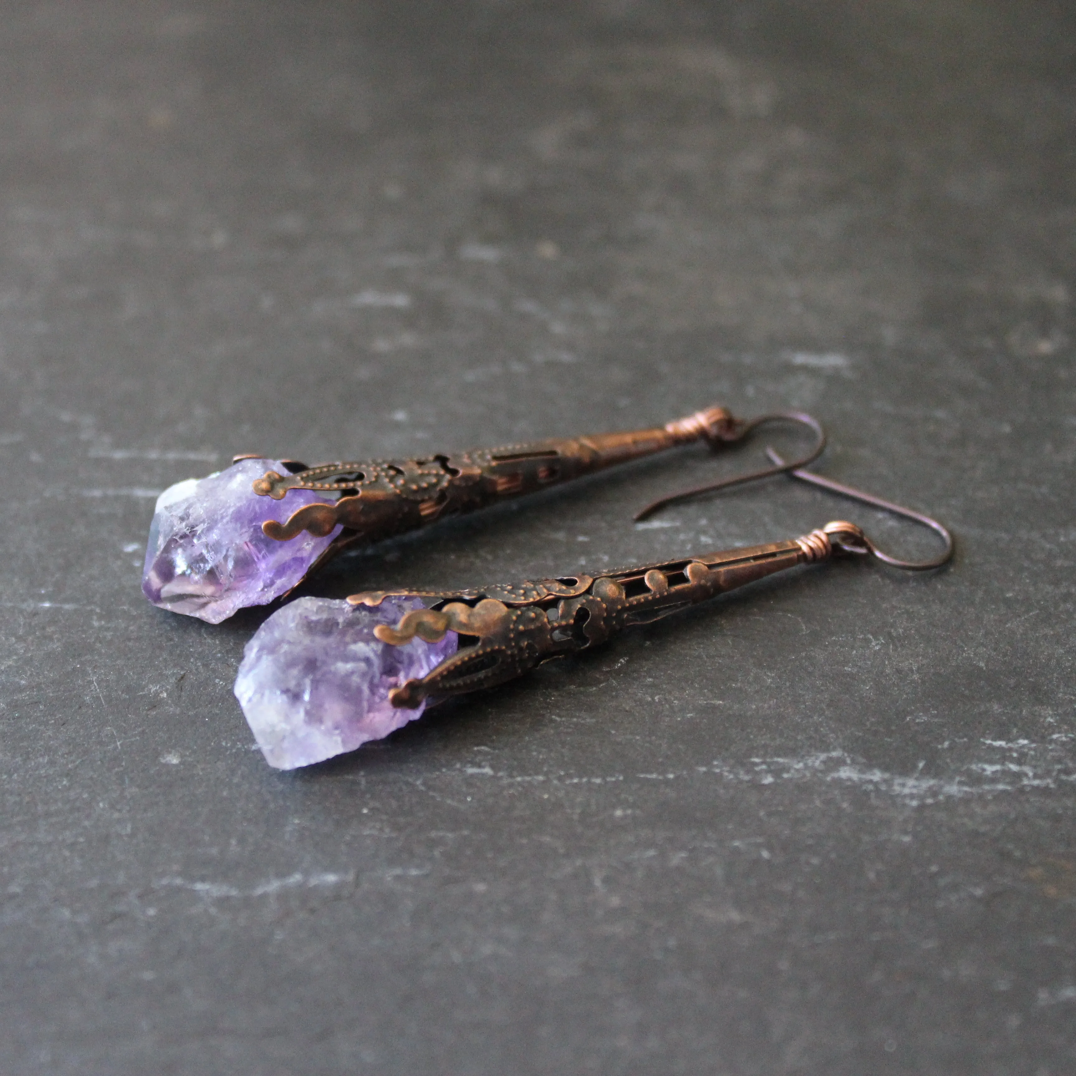 Fairy Sceptres. Long, Rustic, Amethyst Filigree Earrings.