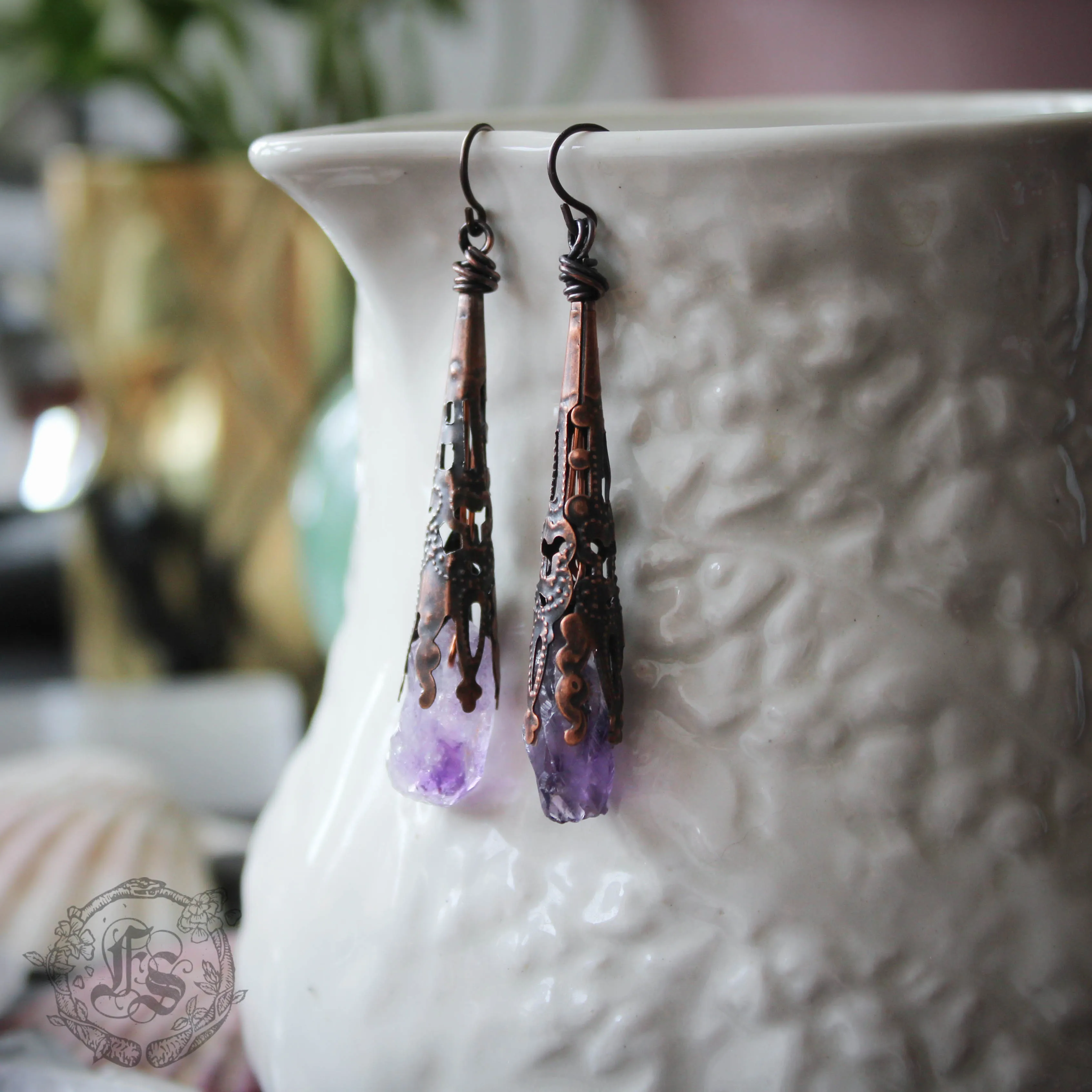 Fairy Sceptres. Long, Rustic, Amethyst Filigree Earrings.