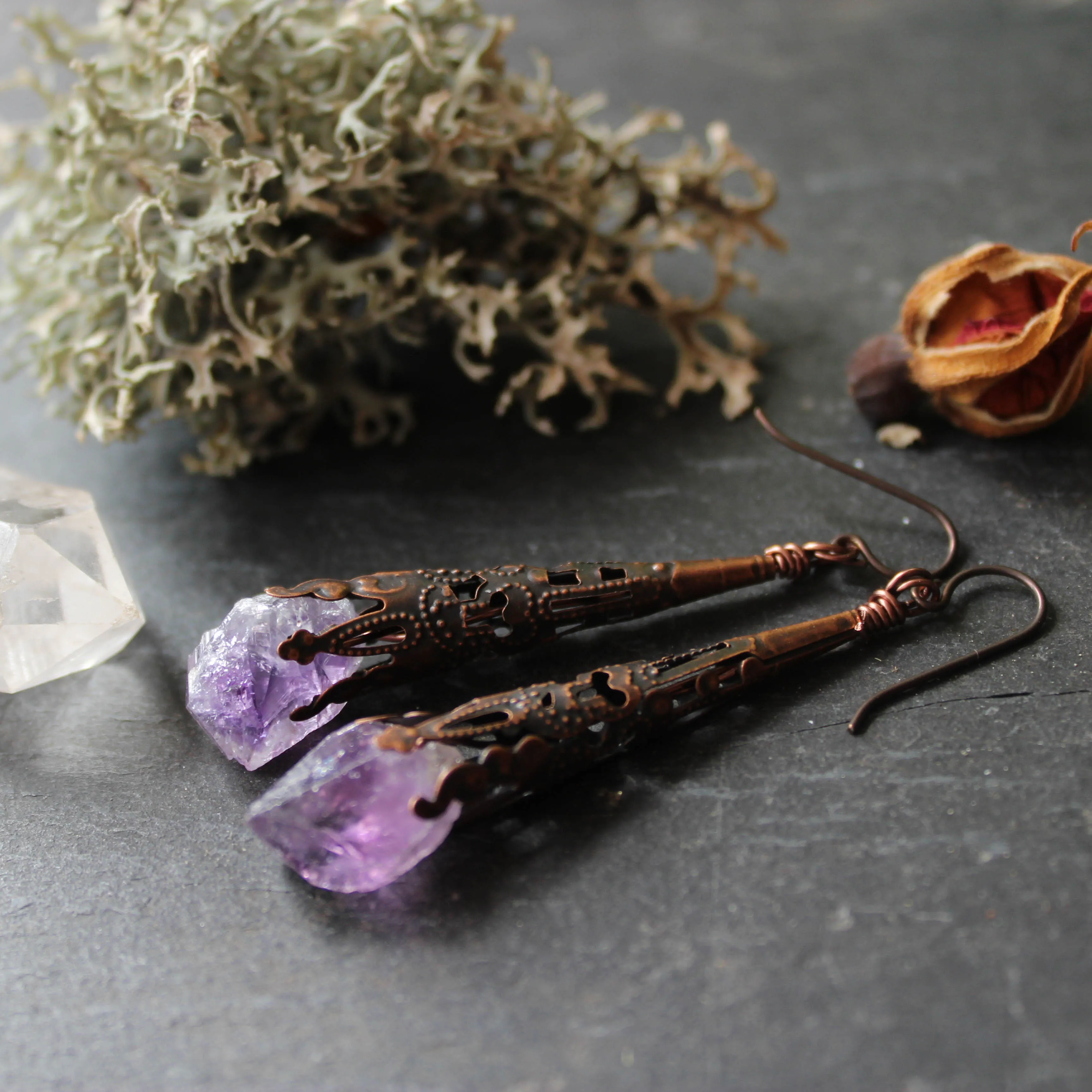 Fairy Sceptres. Long, Rustic, Amethyst Filigree Earrings.