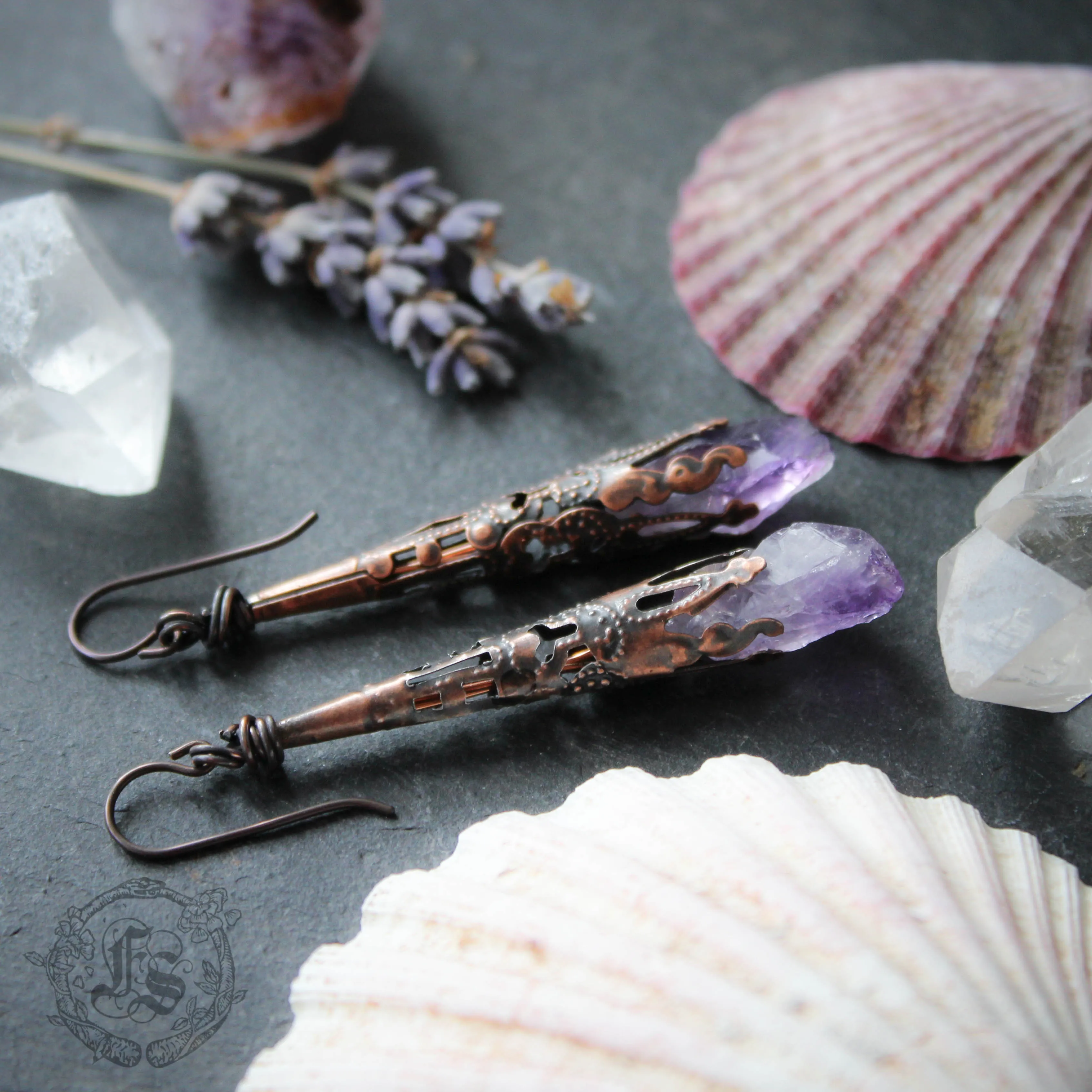 Fairy Sceptres. Long, Rustic, Amethyst Filigree Earrings.