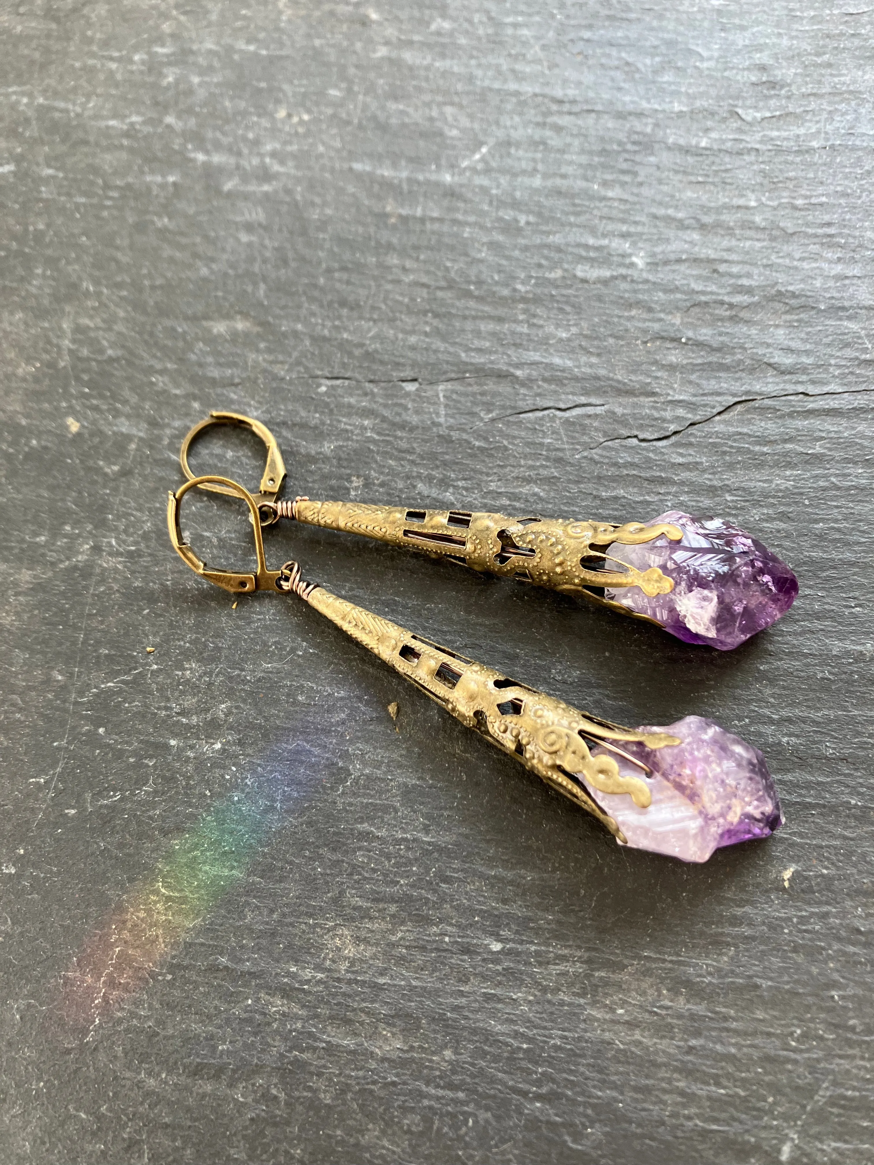 Fairy Sceptres. Long, Rustic, Amethyst Filigree Earrings.