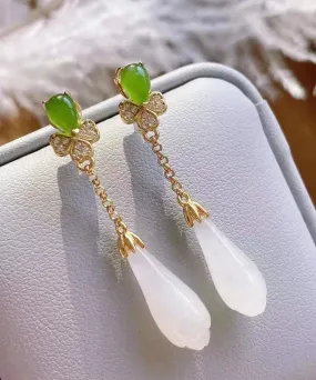 Fashion White Sterling Silver Overgild Jade Magnolia Drop Earrings LY8625