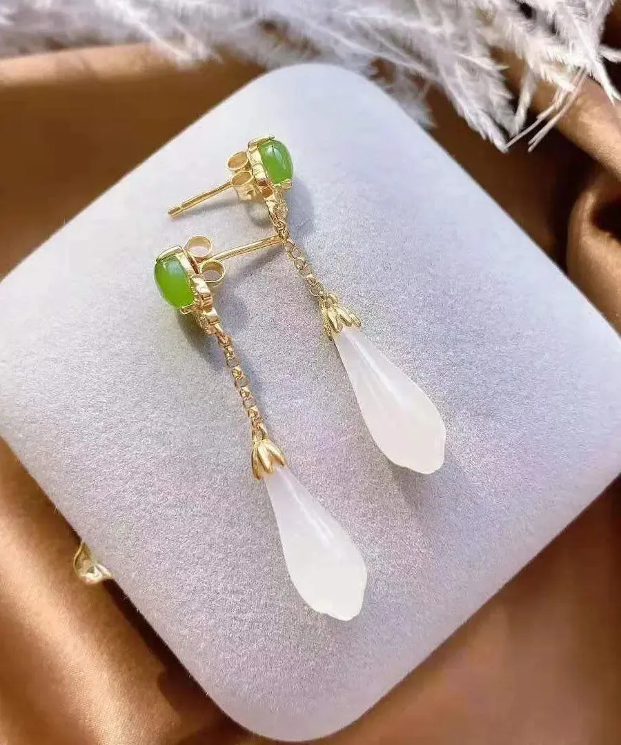 Fashion White Sterling Silver Overgild Jade Magnolia Drop Earrings LY8625