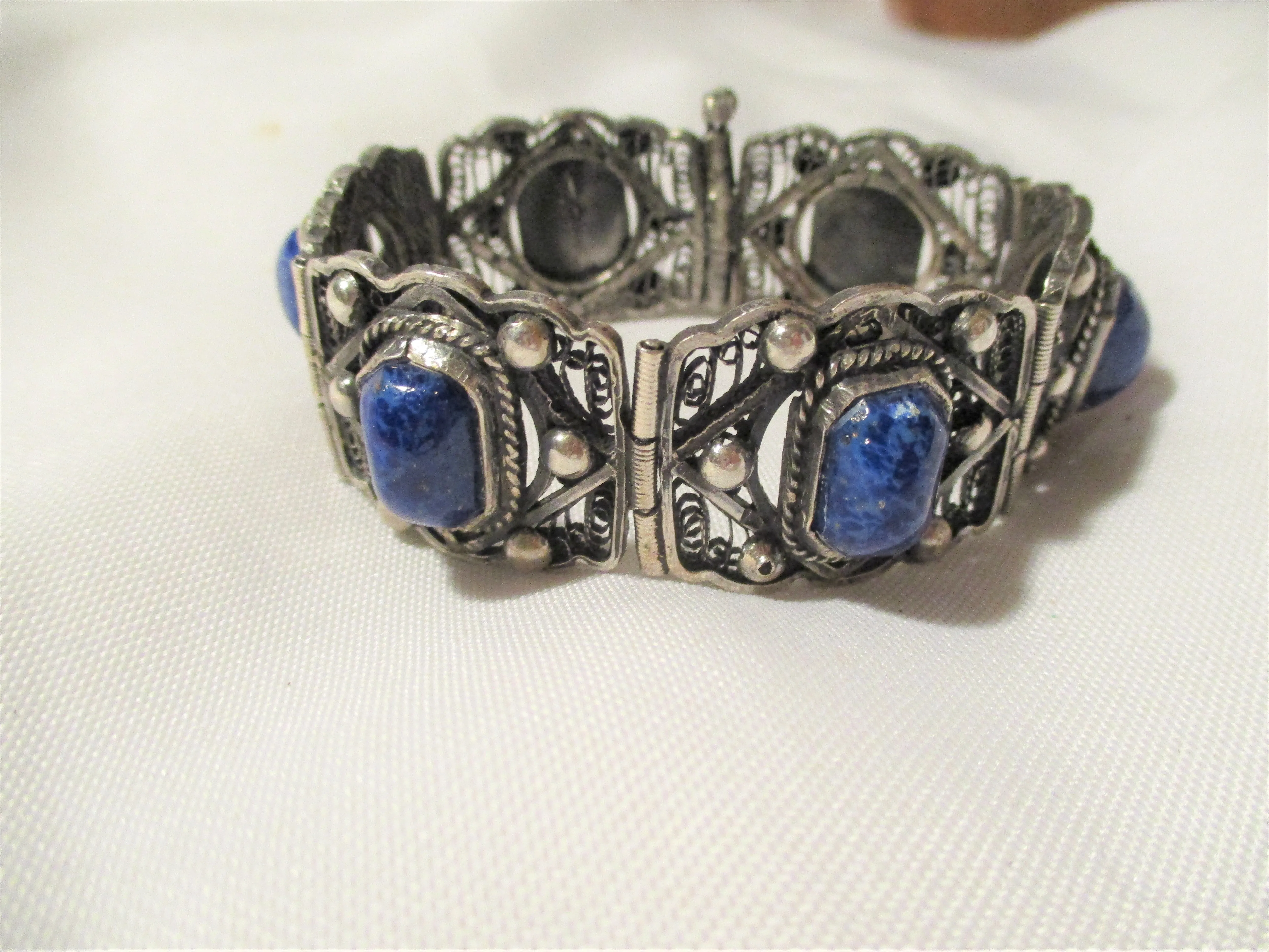 FILIGREE LAPIS LAZULI BLUE Silver SHELL Hinged CUFF BRACELET BANGLE Jewelry Boho Statement