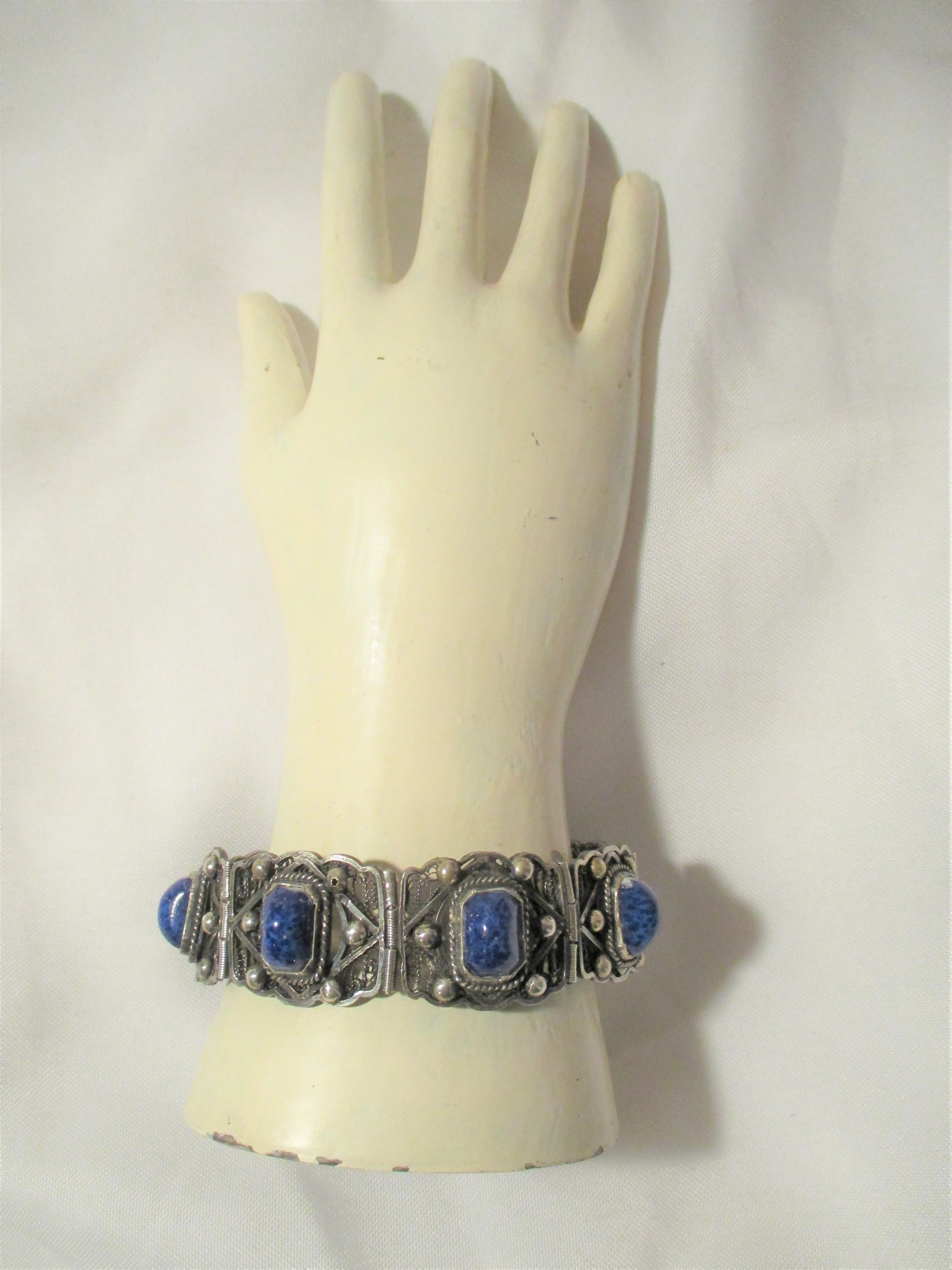 FILIGREE LAPIS LAZULI BLUE Silver SHELL Hinged CUFF BRACELET BANGLE Jewelry Boho Statement