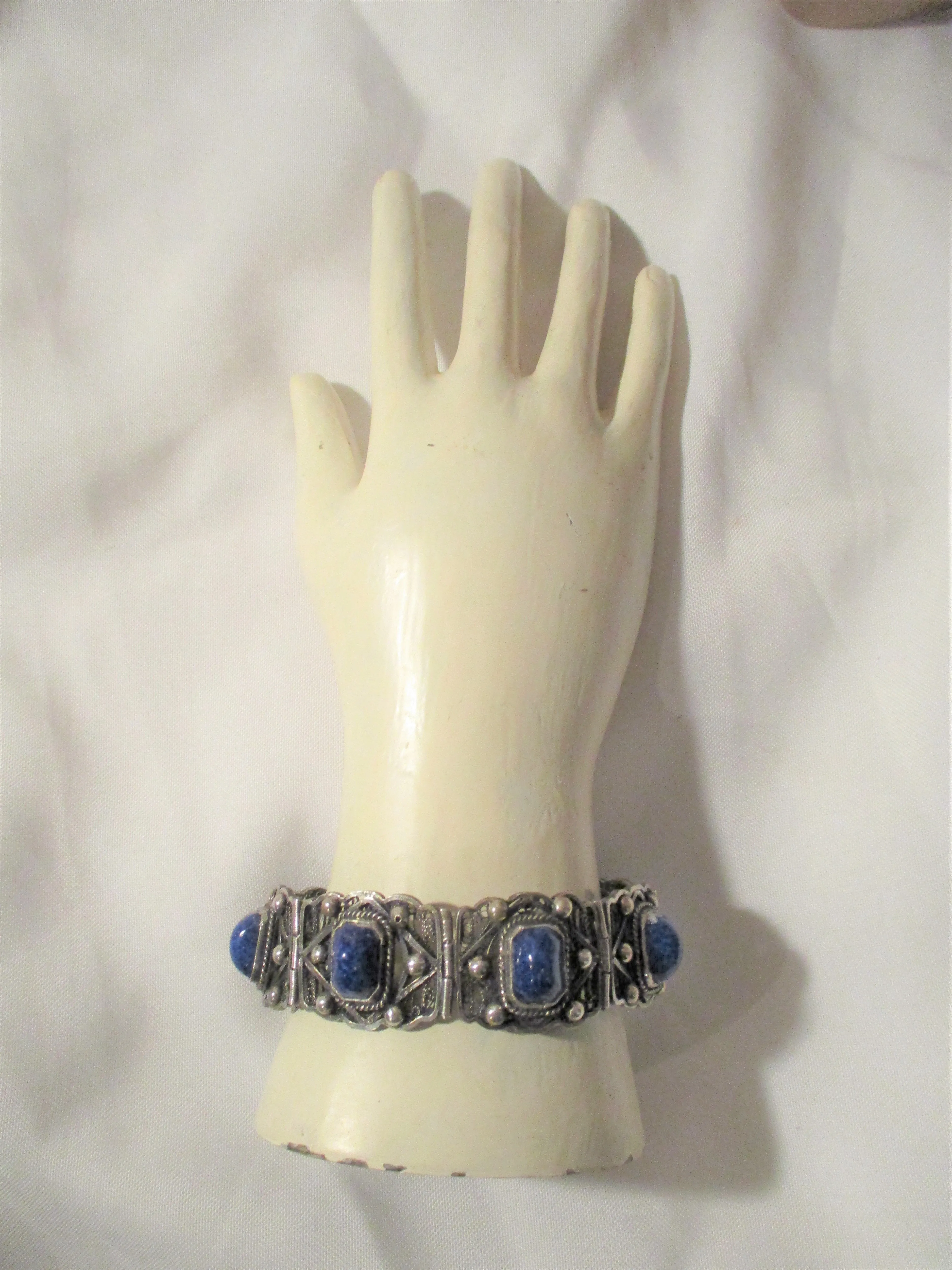 FILIGREE LAPIS LAZULI BLUE Silver SHELL Hinged CUFF BRACELET BANGLE Jewelry Boho Statement