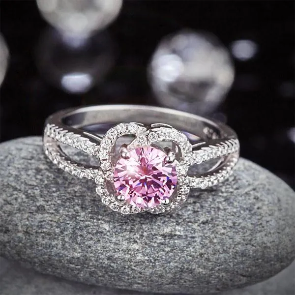 Floral 925 Sterling Silver Wedding Promise Anniversary Ring 1 Ct Fancy Pink Simulated Diamond Jewelry