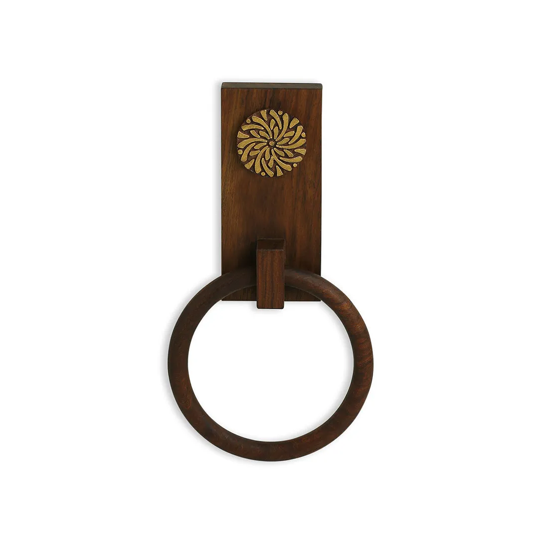 'Floral Block' Hand Carved Sheesham Wood Towel Ring Holder