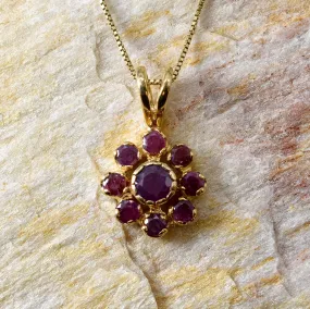 Flower Ruby Pendant - Gold Ruby Necklace - Vintage Red Necklace