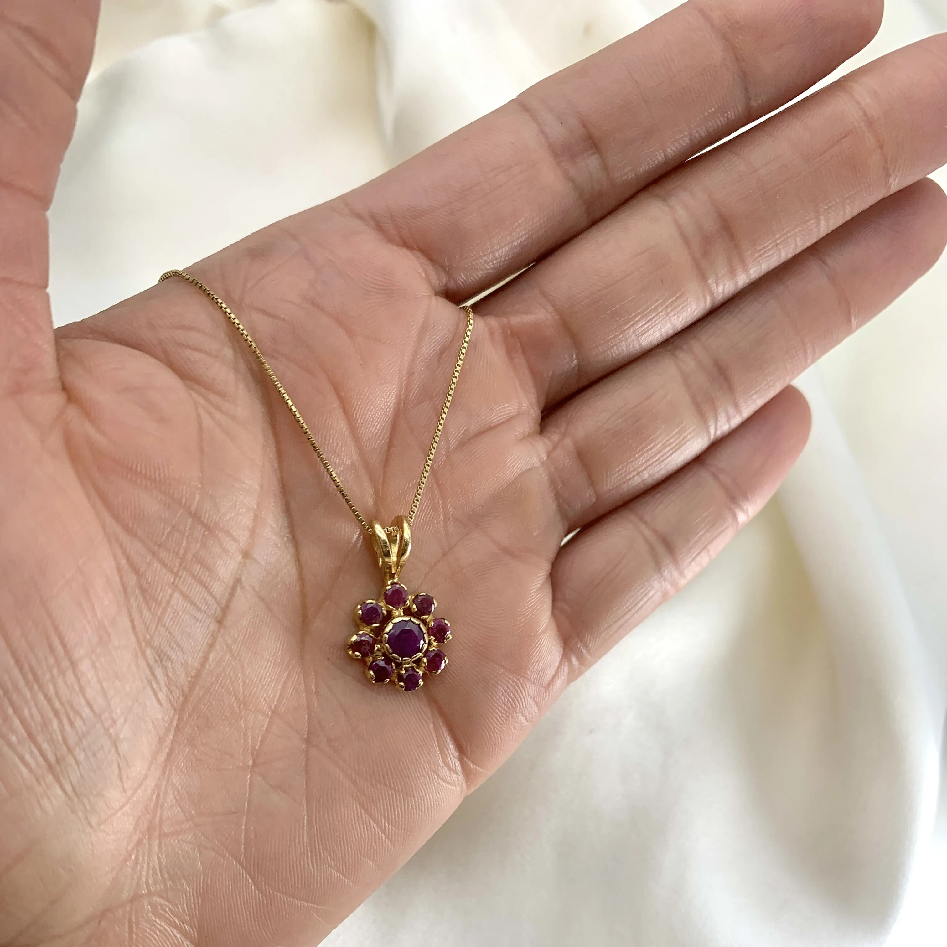 Flower Ruby Pendant - Gold Ruby Necklace - Vintage Red Necklace