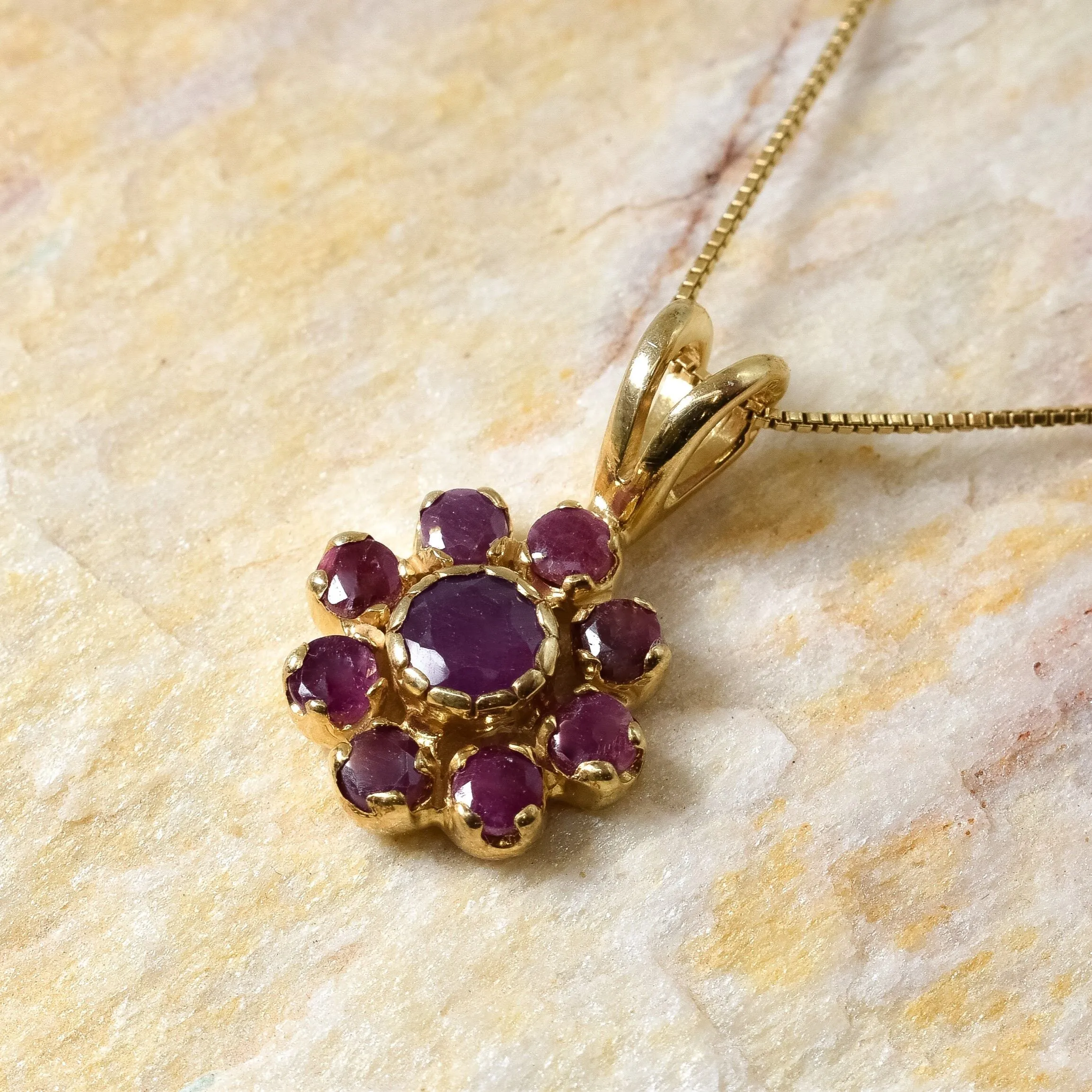 Flower Ruby Pendant - Gold Ruby Necklace - Vintage Red Necklace