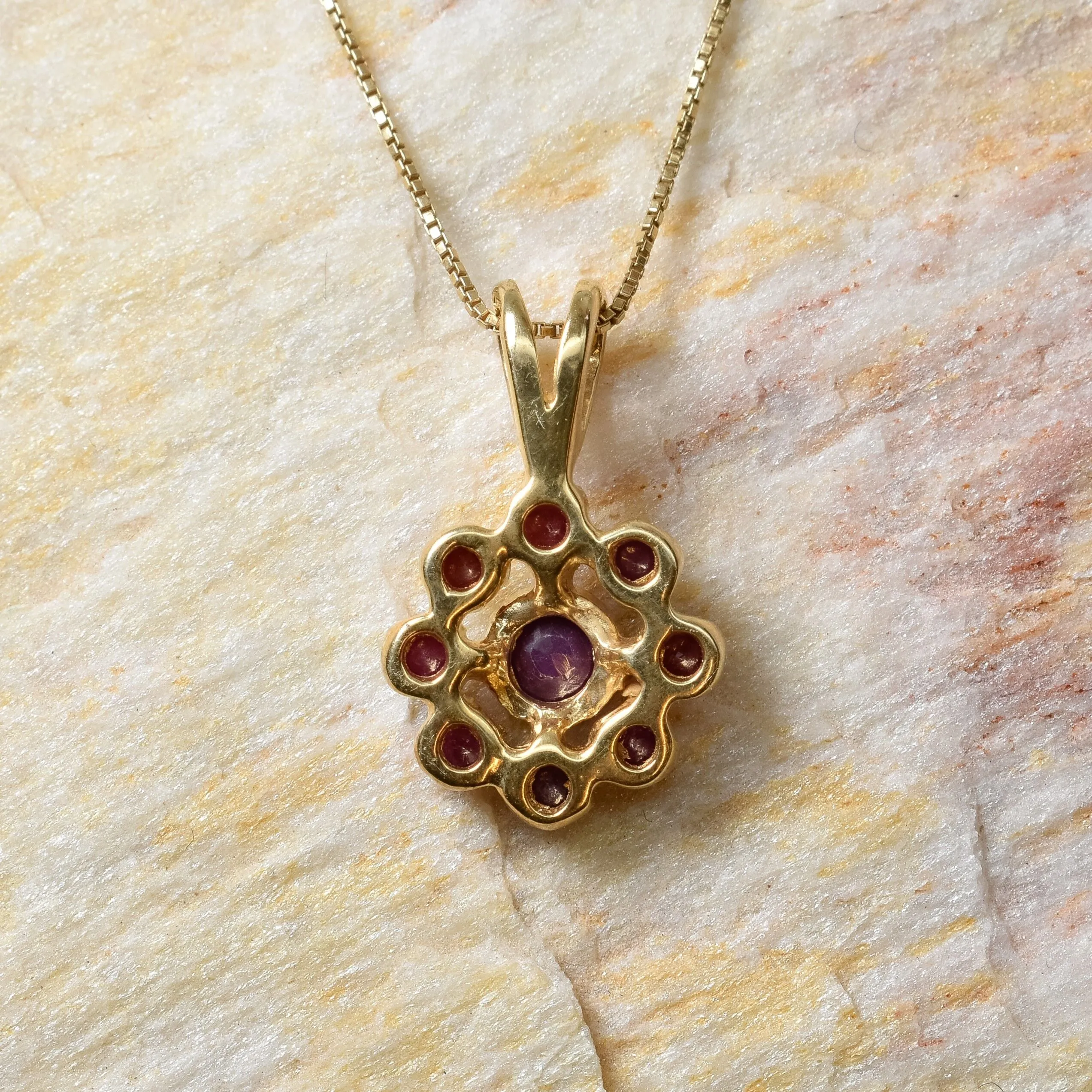 Flower Ruby Pendant - Gold Ruby Necklace - Vintage Red Necklace