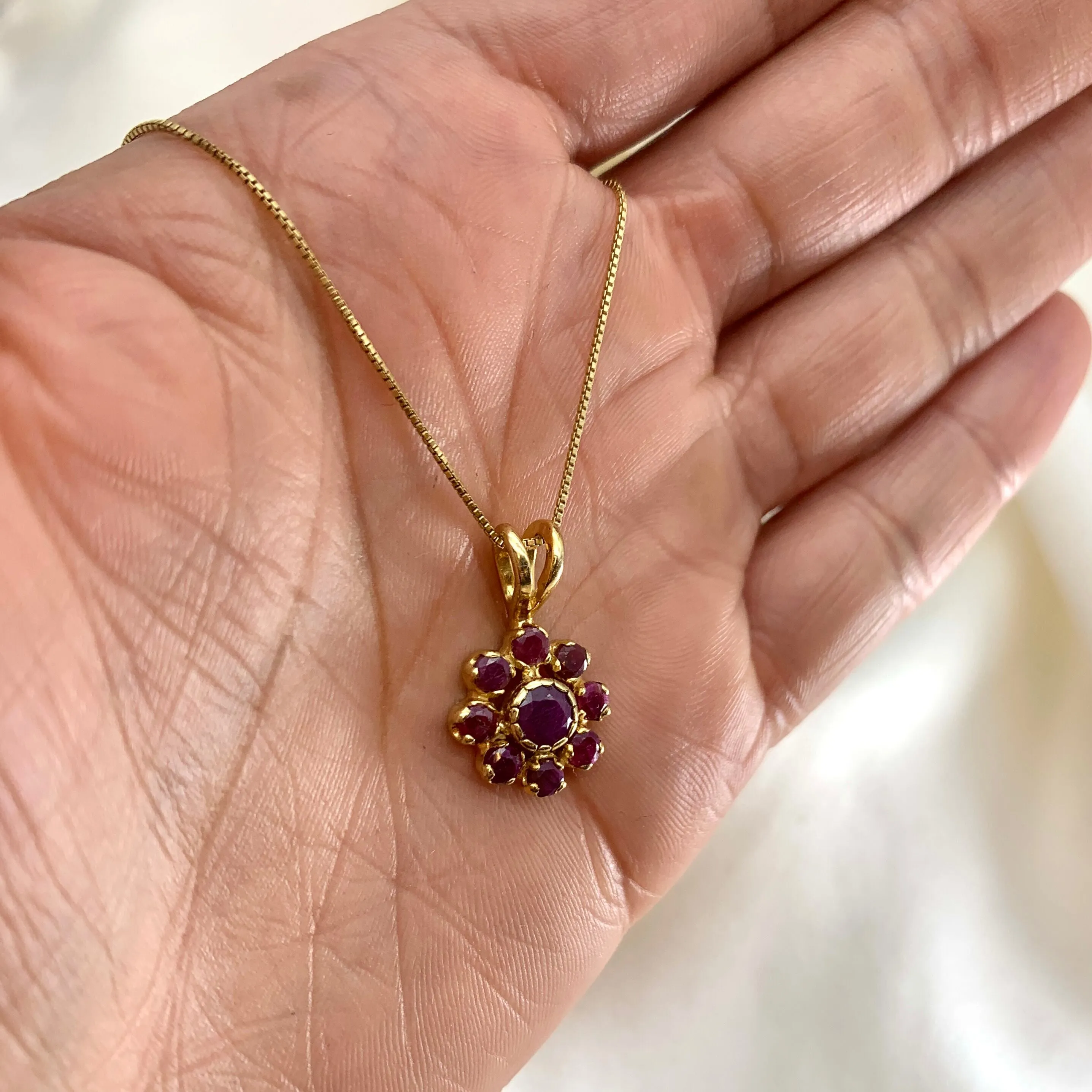 Flower Ruby Pendant - Gold Ruby Necklace - Vintage Red Necklace