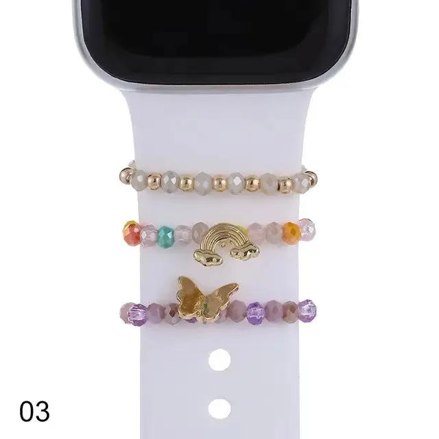 For Apple Watch Band Diamond Pearl Ornament Metal Charms Decorative Ring Creative Chain Smart Watch Silicone Strap Accessories