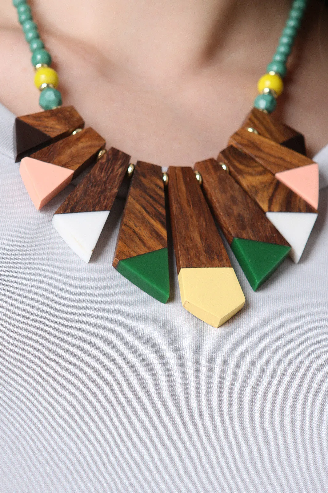 Geometric Wooden Beads Statement Necklace