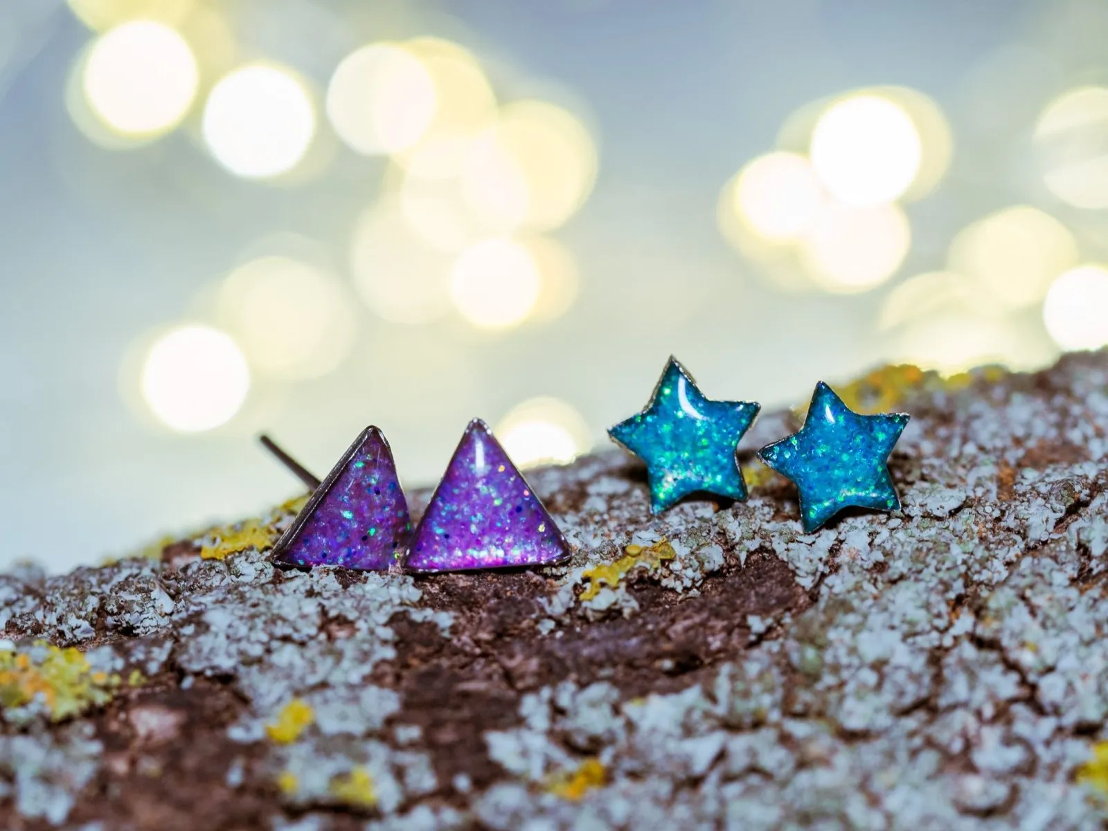 Glitter triangle stud earrings, Stainless steel