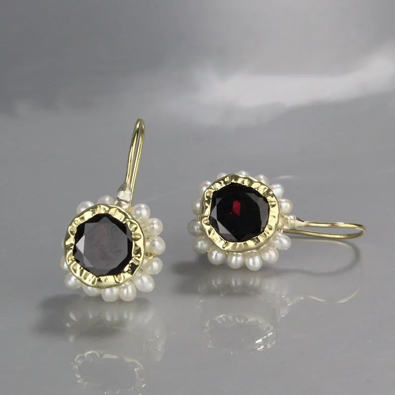 Gold Garnet Pearl Queen Earrings