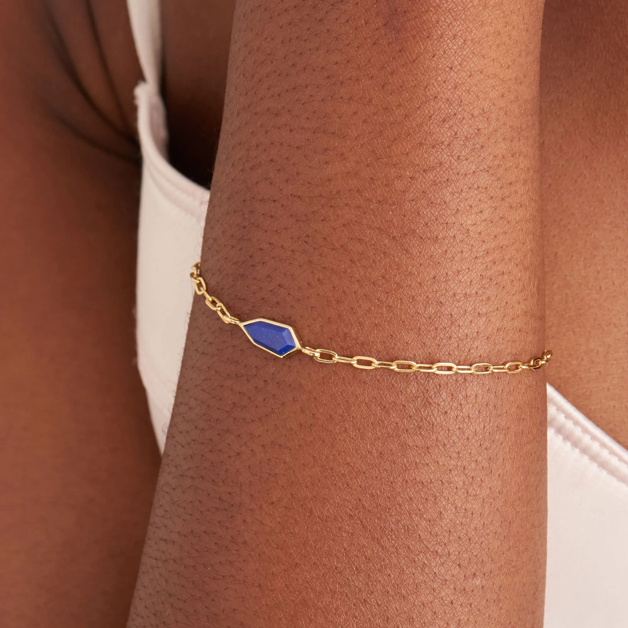 Gold Lapis Emblem Chain Bracelet