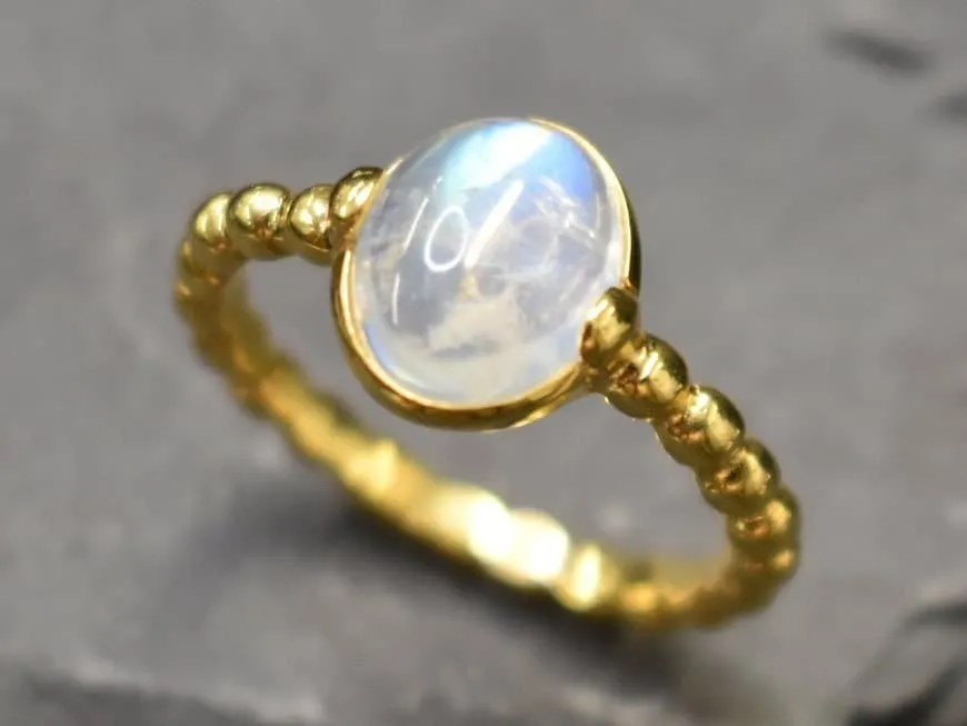 Gold Moonstone Ring - Rainbow Bubble Band, Natural Rainbow Moonstone