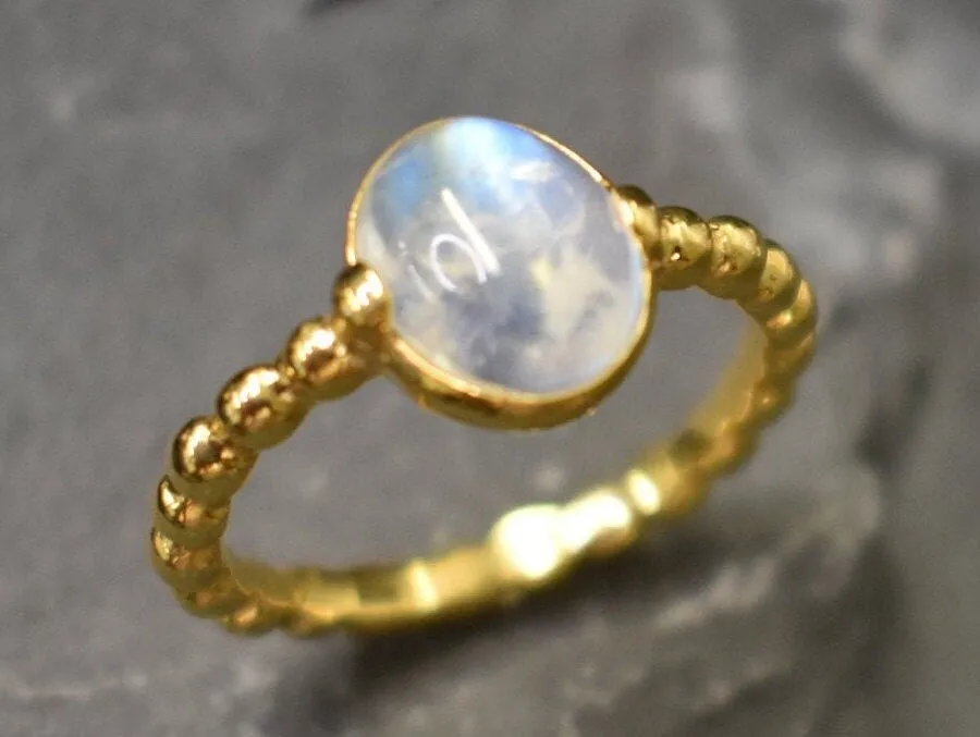 Gold Moonstone Ring - Rainbow Bubble Band, Natural Rainbow Moonstone