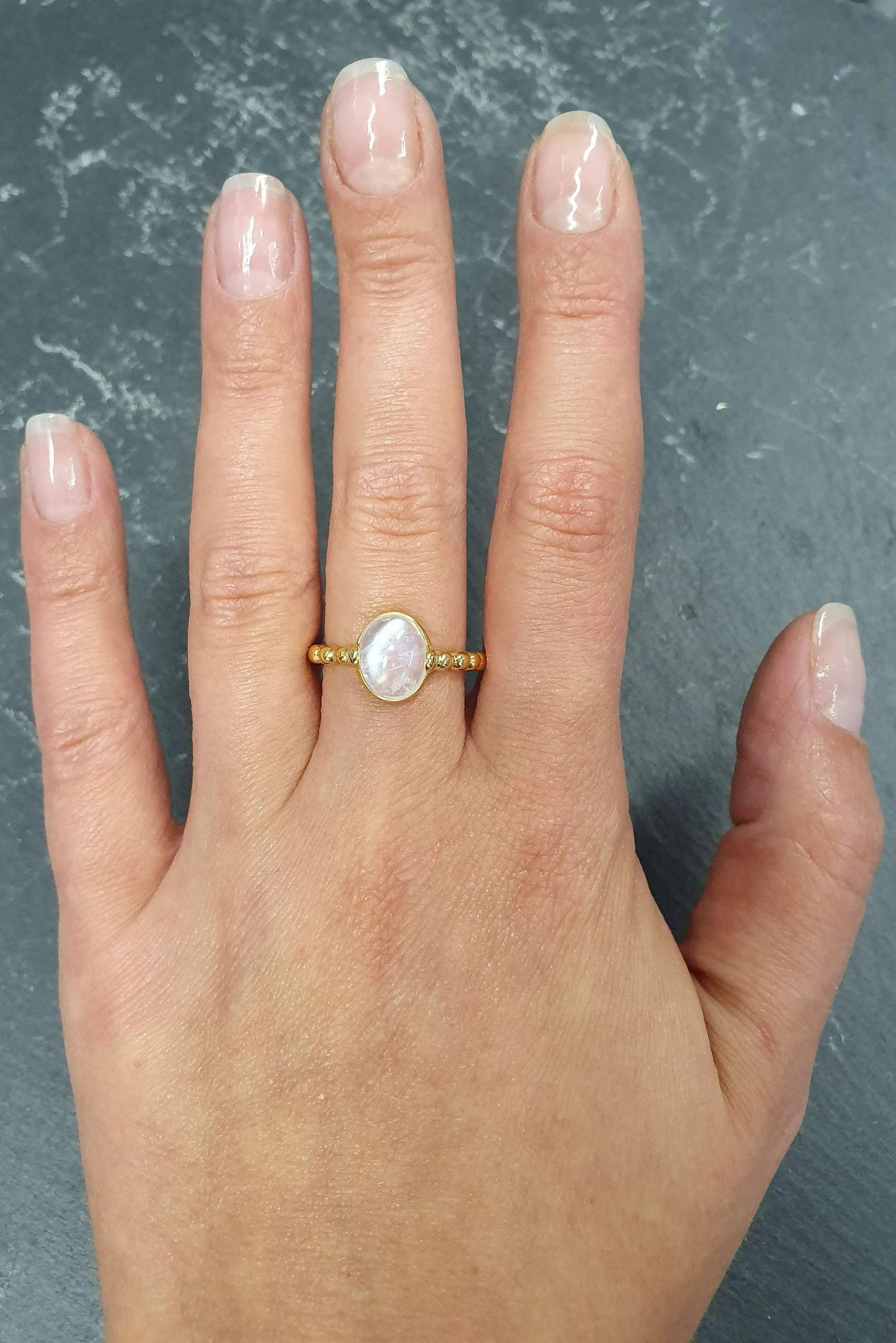 Gold Moonstone Ring - Rainbow Bubble Band, Natural Rainbow Moonstone