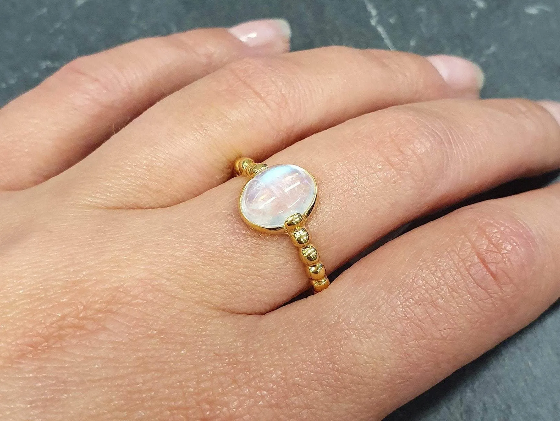 Gold Moonstone Ring - Rainbow Bubble Band, Natural Rainbow Moonstone