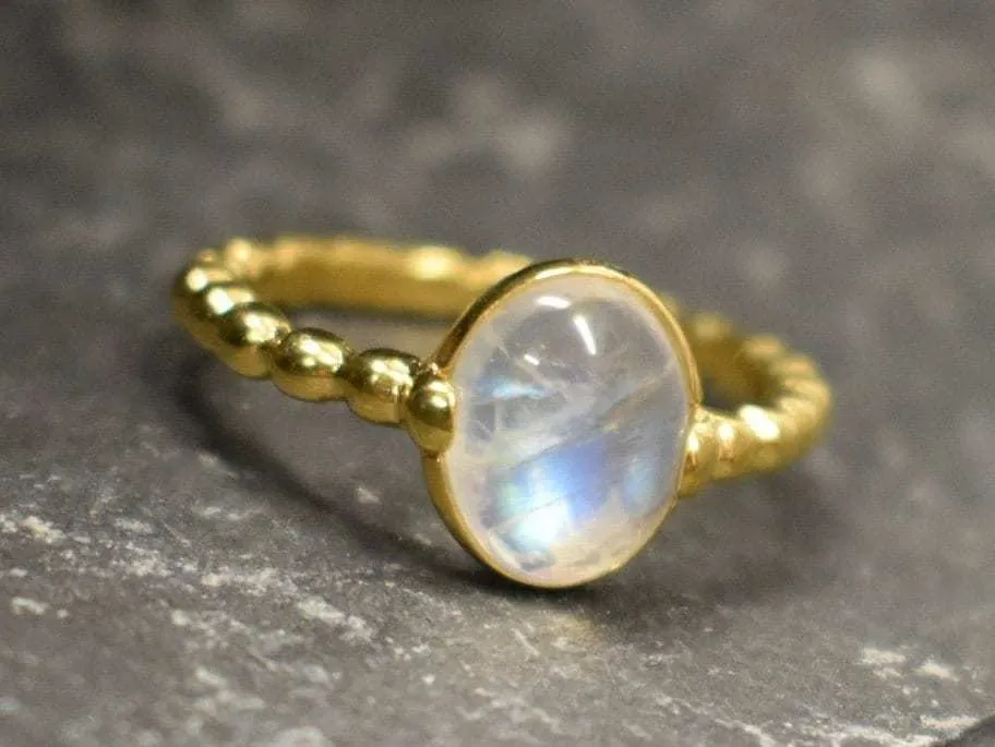 Gold Moonstone Ring - Rainbow Bubble Band, Natural Rainbow Moonstone