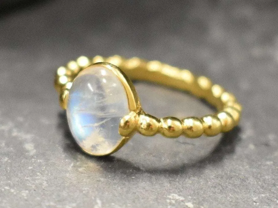 Gold Moonstone Ring - Rainbow Bubble Band, Natural Rainbow Moonstone