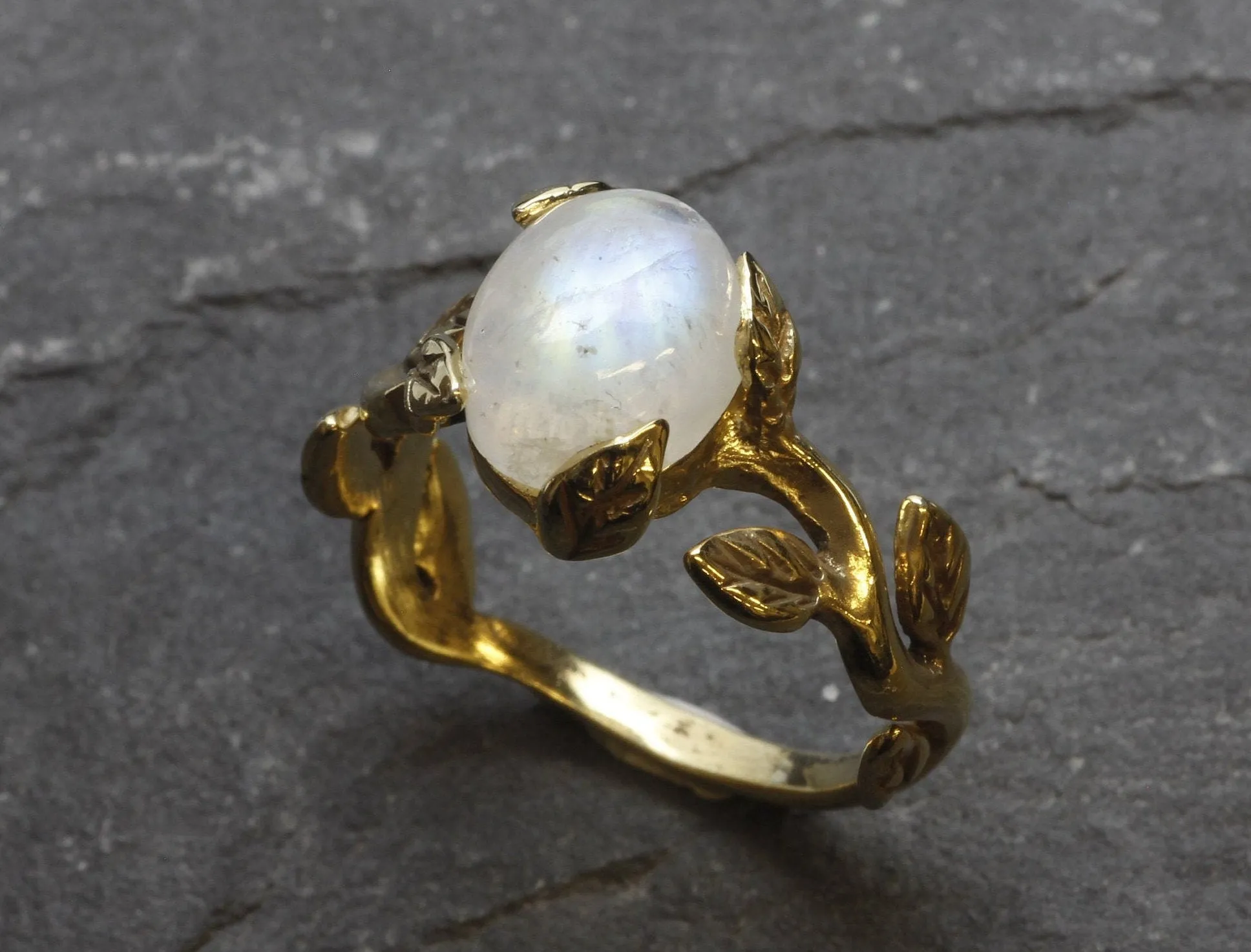 Gold Moonstone Ring - Rainbow Moonstone Ring, Gold Leaf Ring