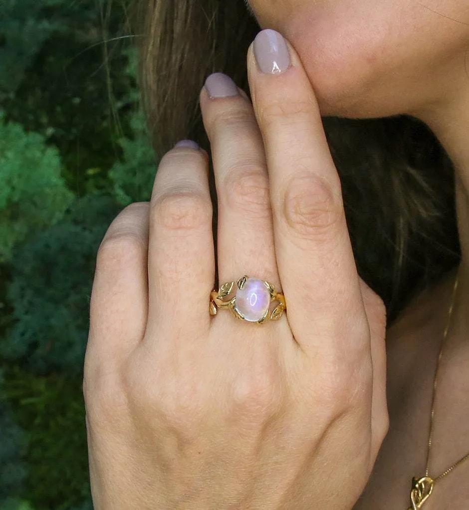 Gold Moonstone Ring - Rainbow Moonstone Ring, Gold Leaf Ring