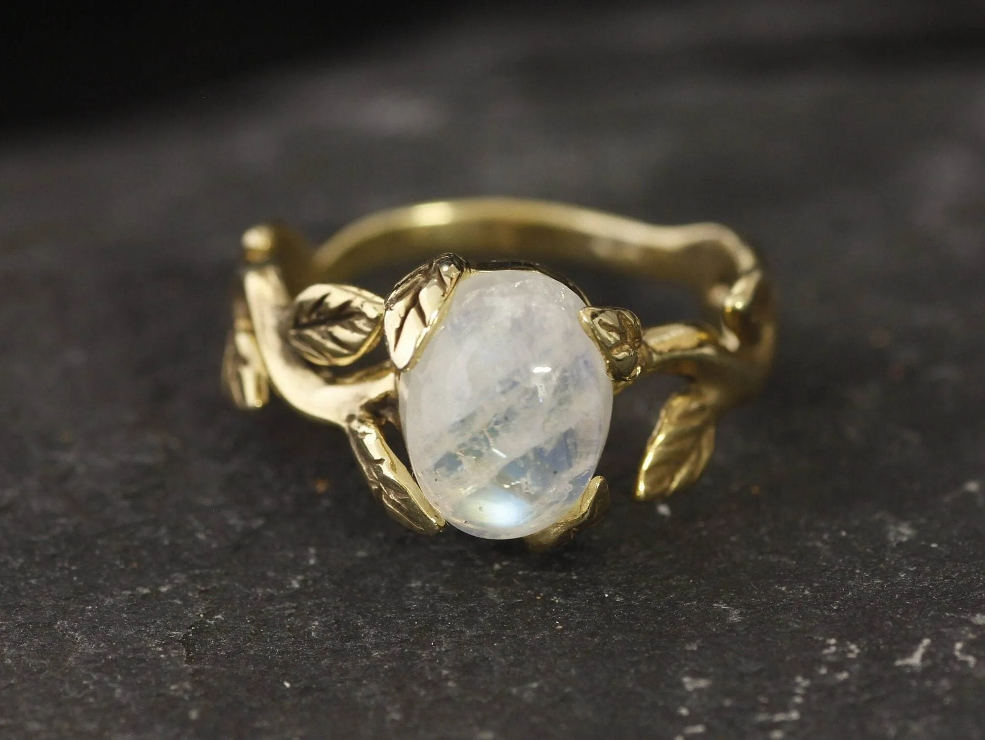 Gold Moonstone Ring - Rainbow Moonstone Ring, Gold Leaf Ring