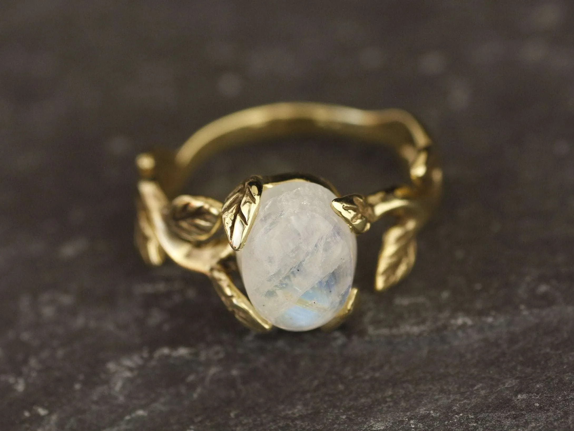 Gold Moonstone Ring - Rainbow Moonstone Ring, Gold Leaf Ring