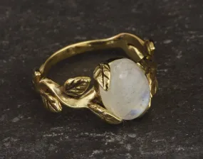 Gold Moonstone Ring - Rainbow Moonstone Ring, Gold Leaf Ring